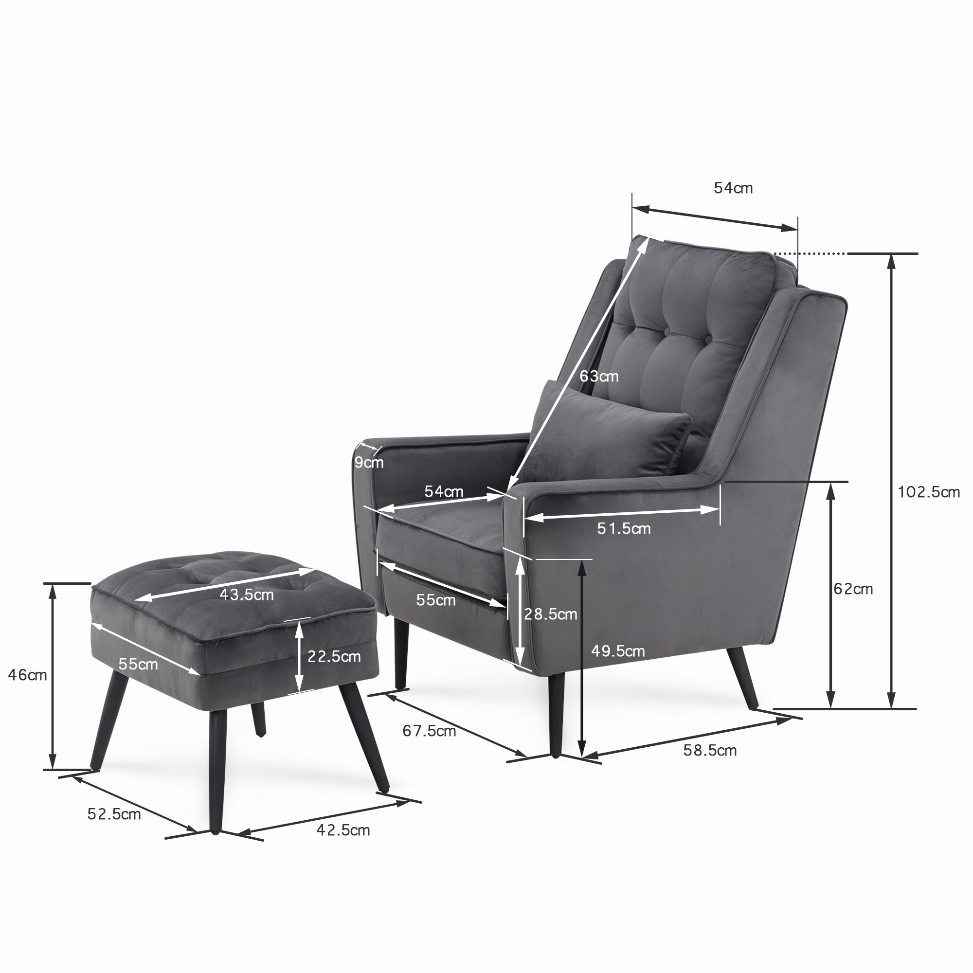 Fauteuil à oreilles MCombo revêtement velours salon, fauteuil avec coussins et pieds en métal, coussin d'assise amovible, fauteuil Chestersield, fauteuil inclinable, chaise rembourrée, capacité de charge 120KG, 7277 (avec/sans tabouret)