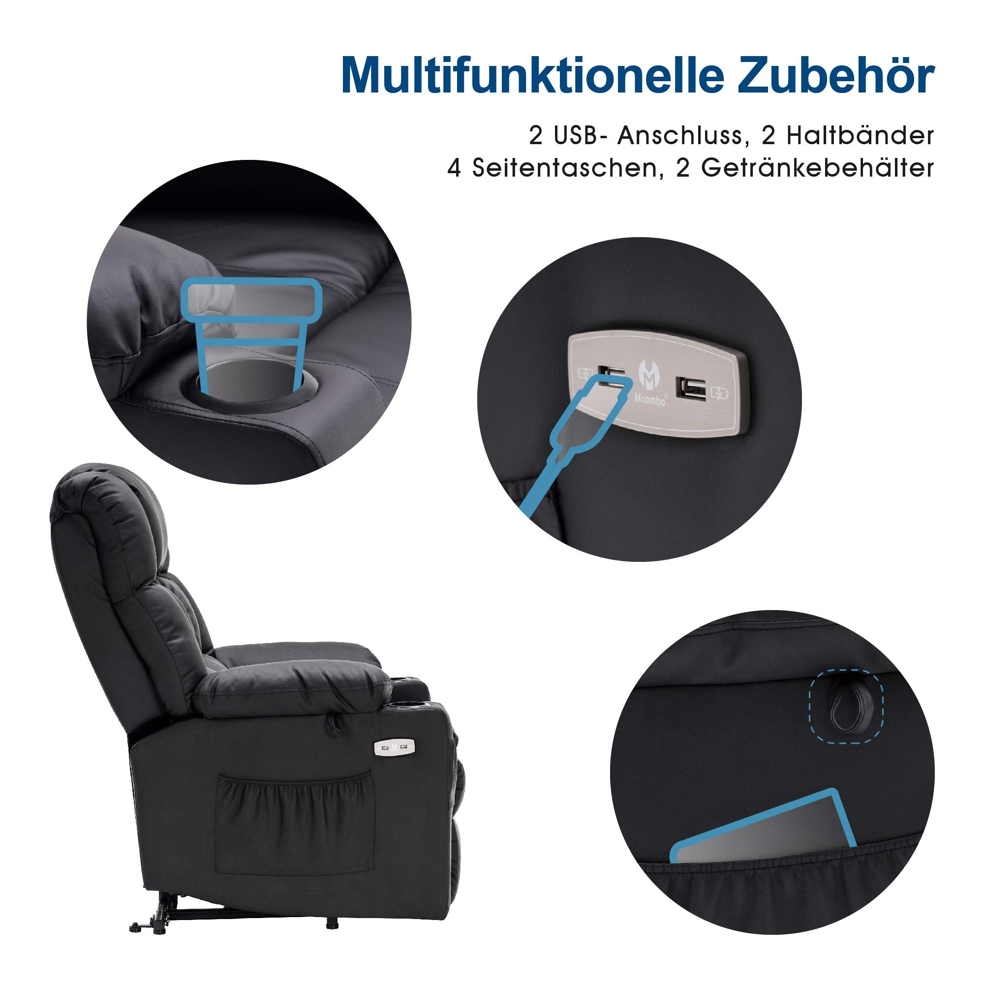 M MCombo electric stand-up relaxation chair 7546, separately adjustable with 3 motors, reclining position up to 165°, TV armchair with USB, for seniors' living room