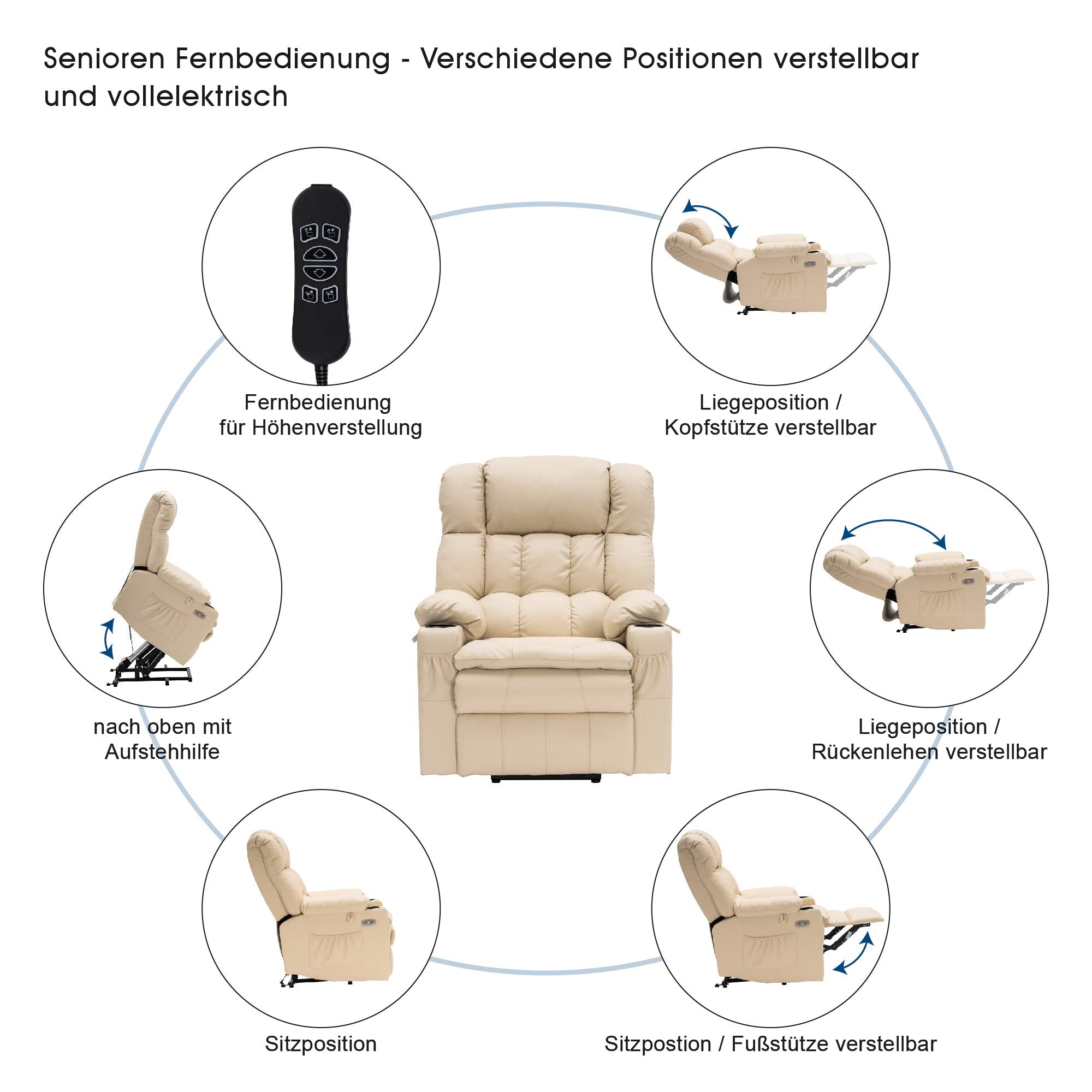 M MCombo electric stand-up relaxation chair 7546, separately adjustable with 3 motors, reclining position up to 165°, TV armchair with USB, for seniors' living room