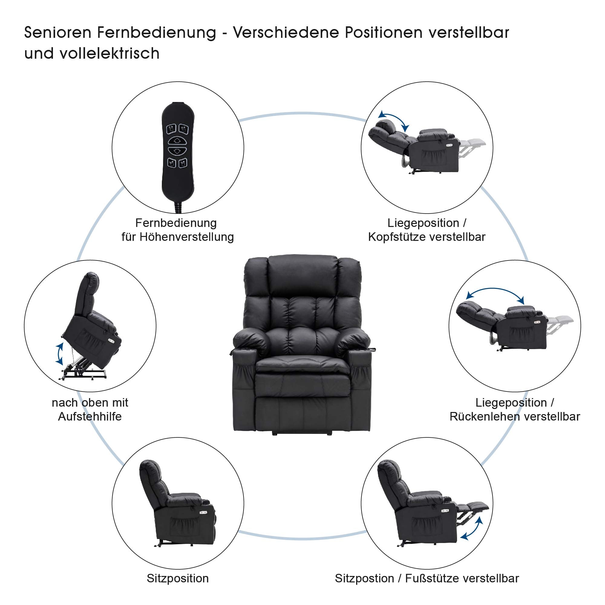M MCombo electric stand-up relaxation chair 7546, separately adjustable with 3 motors, reclining position up to 165°, TV armchair with USB, for seniors' living room