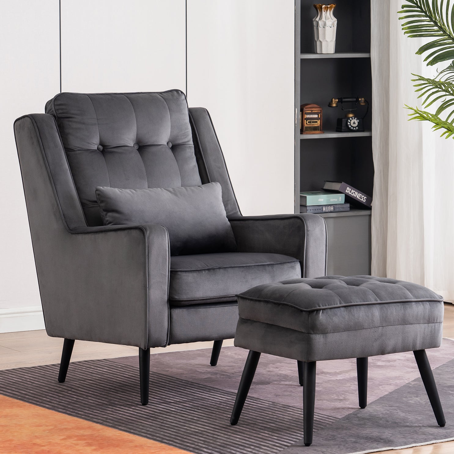 Fauteuil à oreilles MCombo revêtement velours salon, fauteuil avec coussins et pieds en métal, coussin d'assise amovible, fauteuil Chestersield, fauteuil inclinable, chaise rembourrée, capacité de charge 120KG, 7277 (avec/sans tabouret)