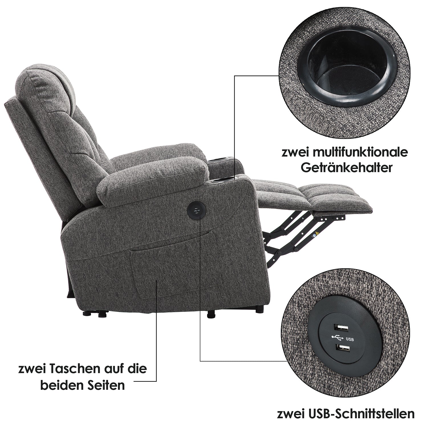 M MCombo TV armchair with electric stand-up aid, armchair with stand-up aid, TV armchair with reclining function up to 140°, senior armchair for the living room, with USB 7286