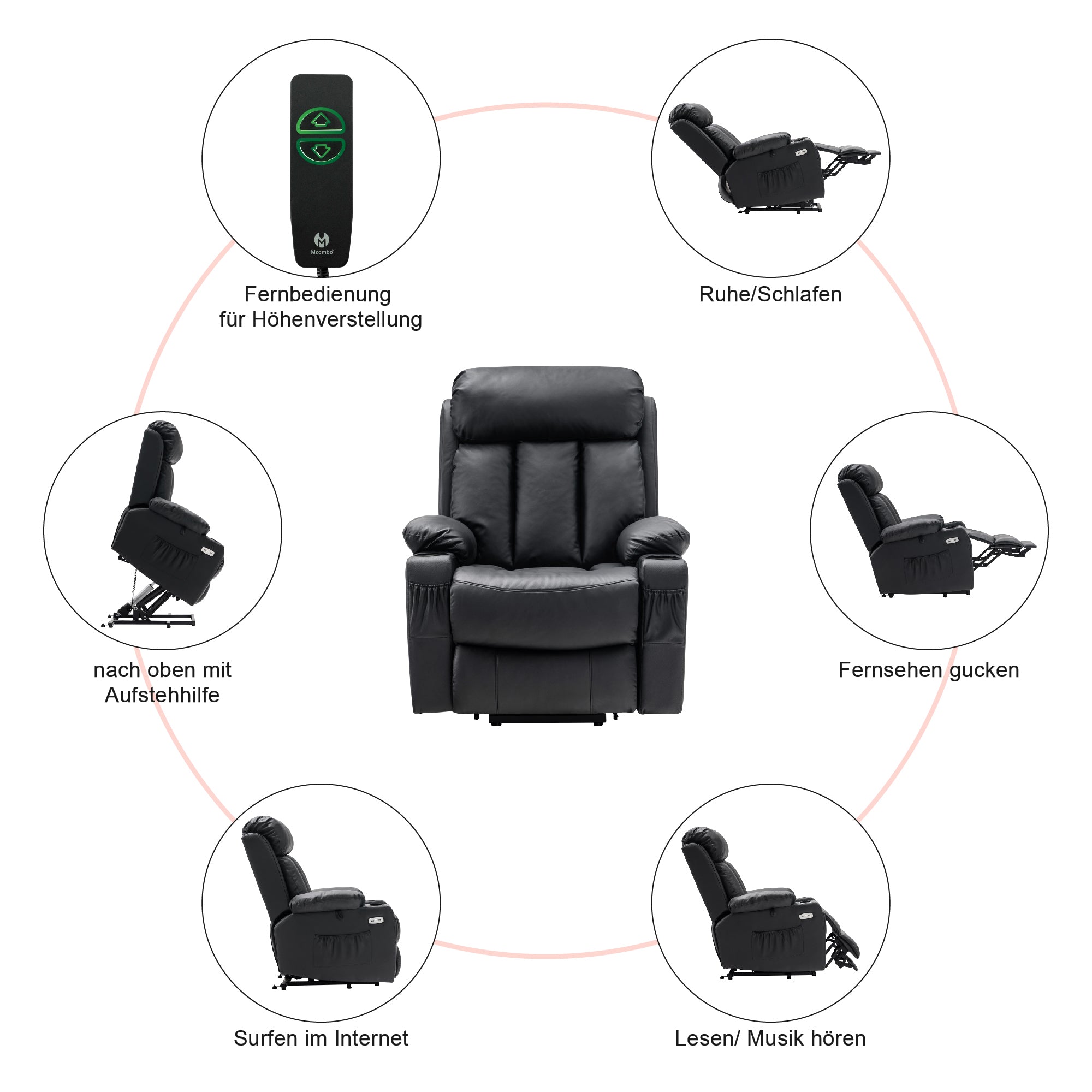 M MCombo relaxation chair with stand-up aid and reclining function 7190, TV chair electrically adjustable, for seniors living room, USB, (black faux leather / dark gray fabric)