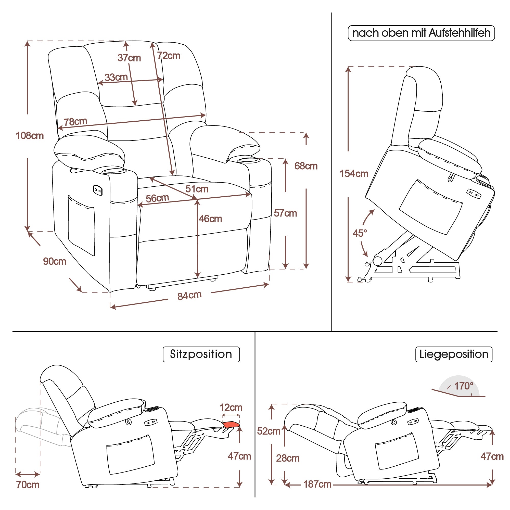 Fauteuil inclinable électrique M MCombo 7550, avec 3 moteurs réglables séparément, position inclinable jusqu'à 170°, repose-pieds allongé, USB, pour salon seniors