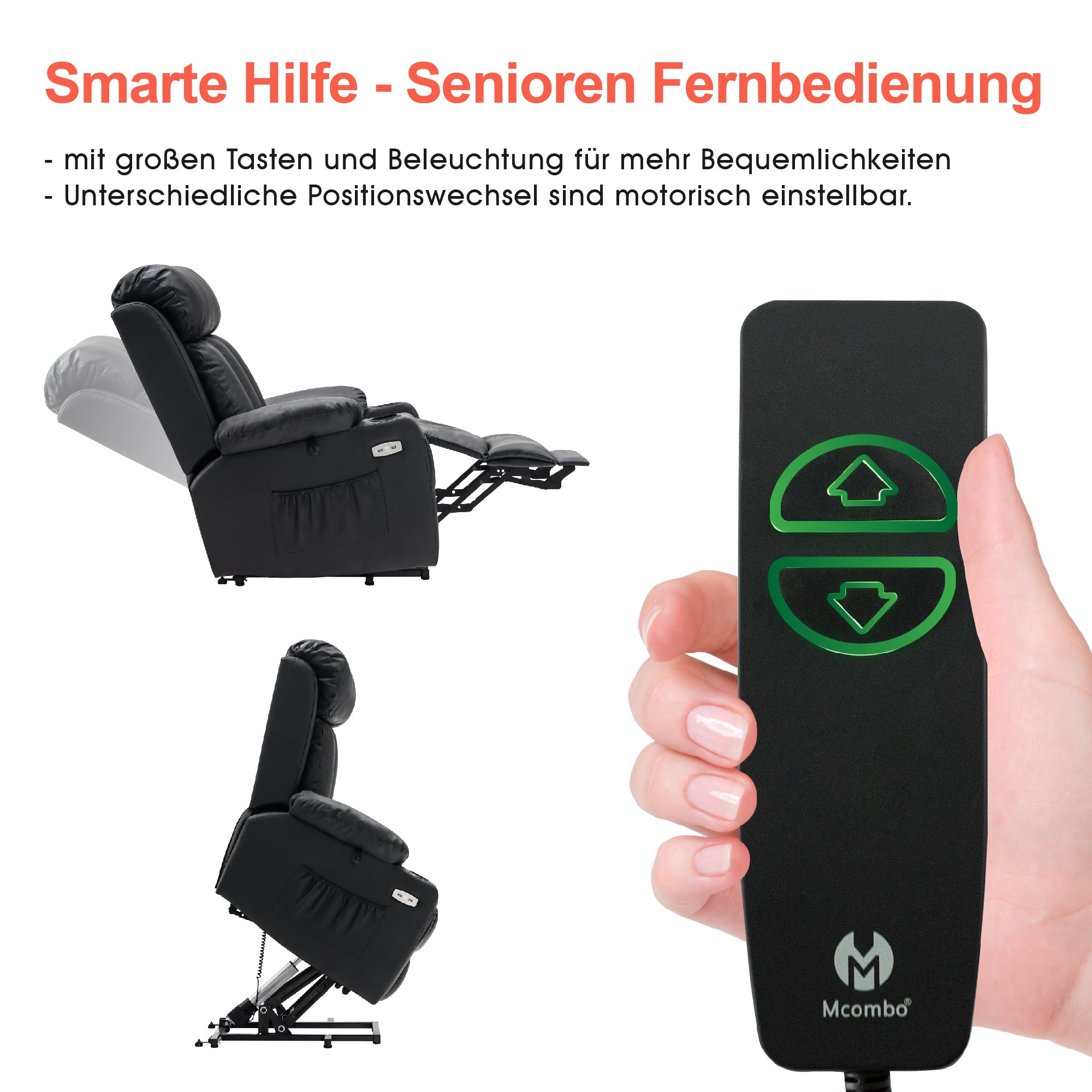 M MCombo relaxation chair with stand-up aid and reclining function 7190, TV chair electrically adjustable, for seniors living room, USB, (black faux leather / dark gray fabric)