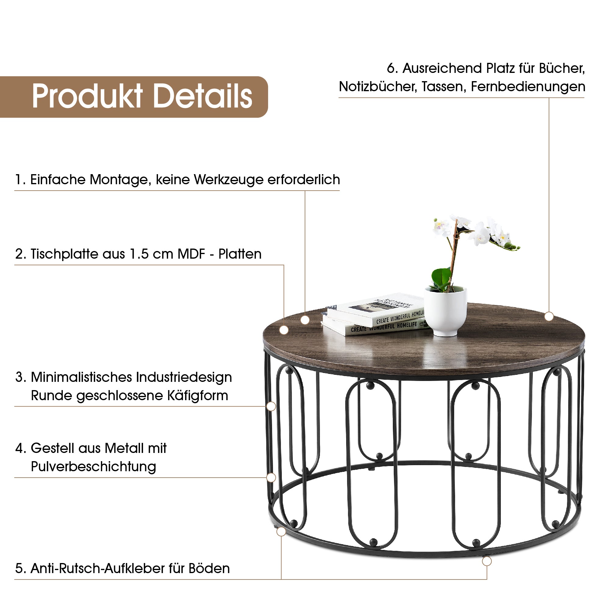 MCombo metal furniture coffee table side table round marble look/industrial style 2147