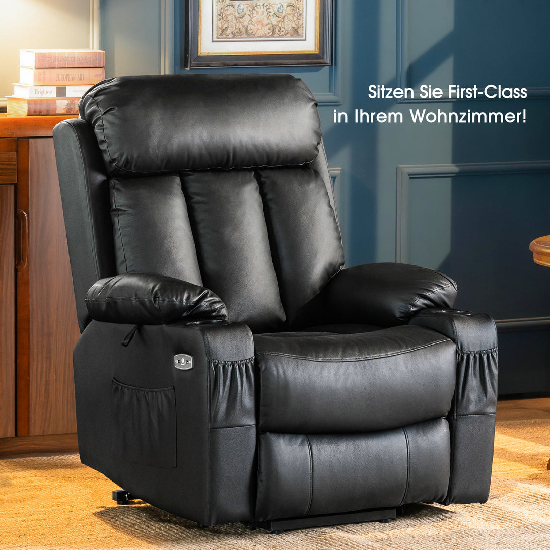 M MCombo relaxation chair with stand-up aid and reclining function 7190, TV chair electrically adjustable, for seniors living room, USB, (black faux leather / dark gray fabric)