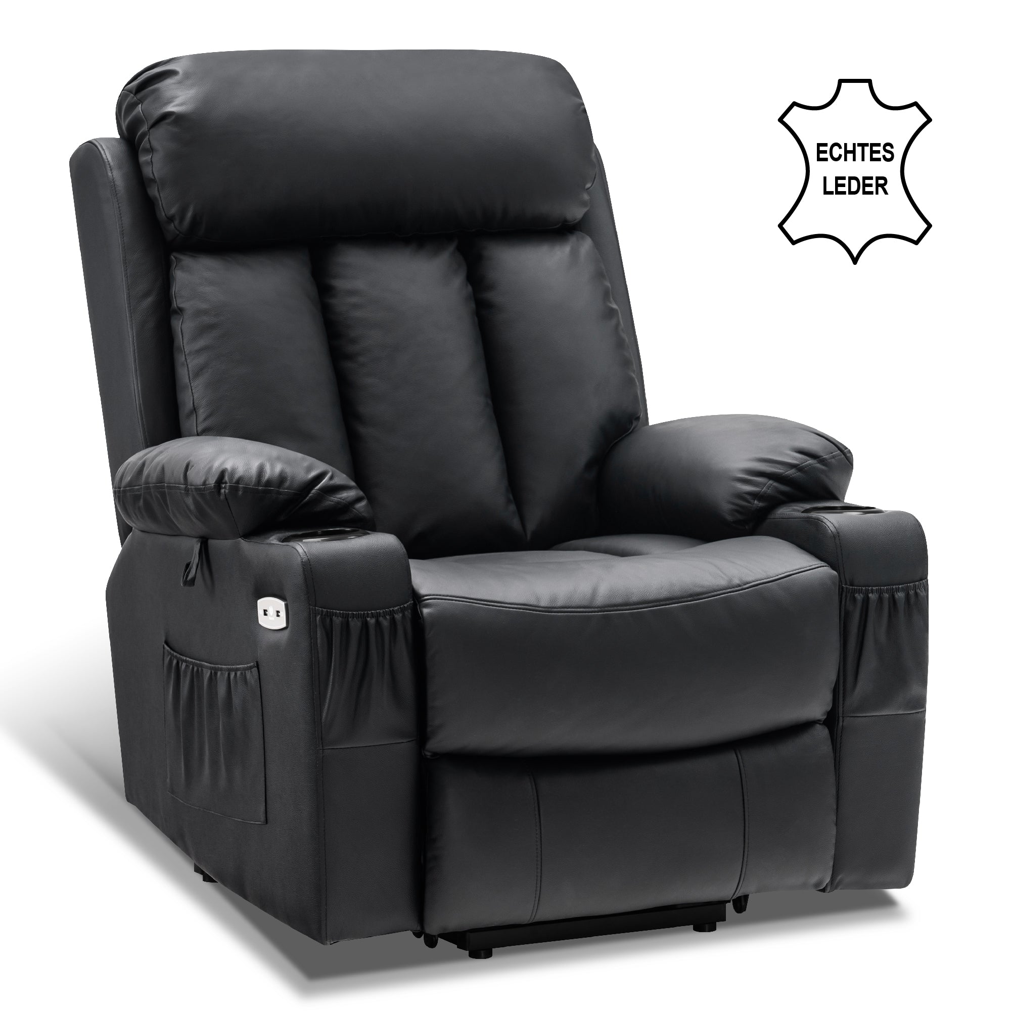 M MCombo relaxation chair with stand-up aid and reclining function 7190, TV chair electrically adjustable, for seniors living room, USB, (black faux leather / dark gray fabric)