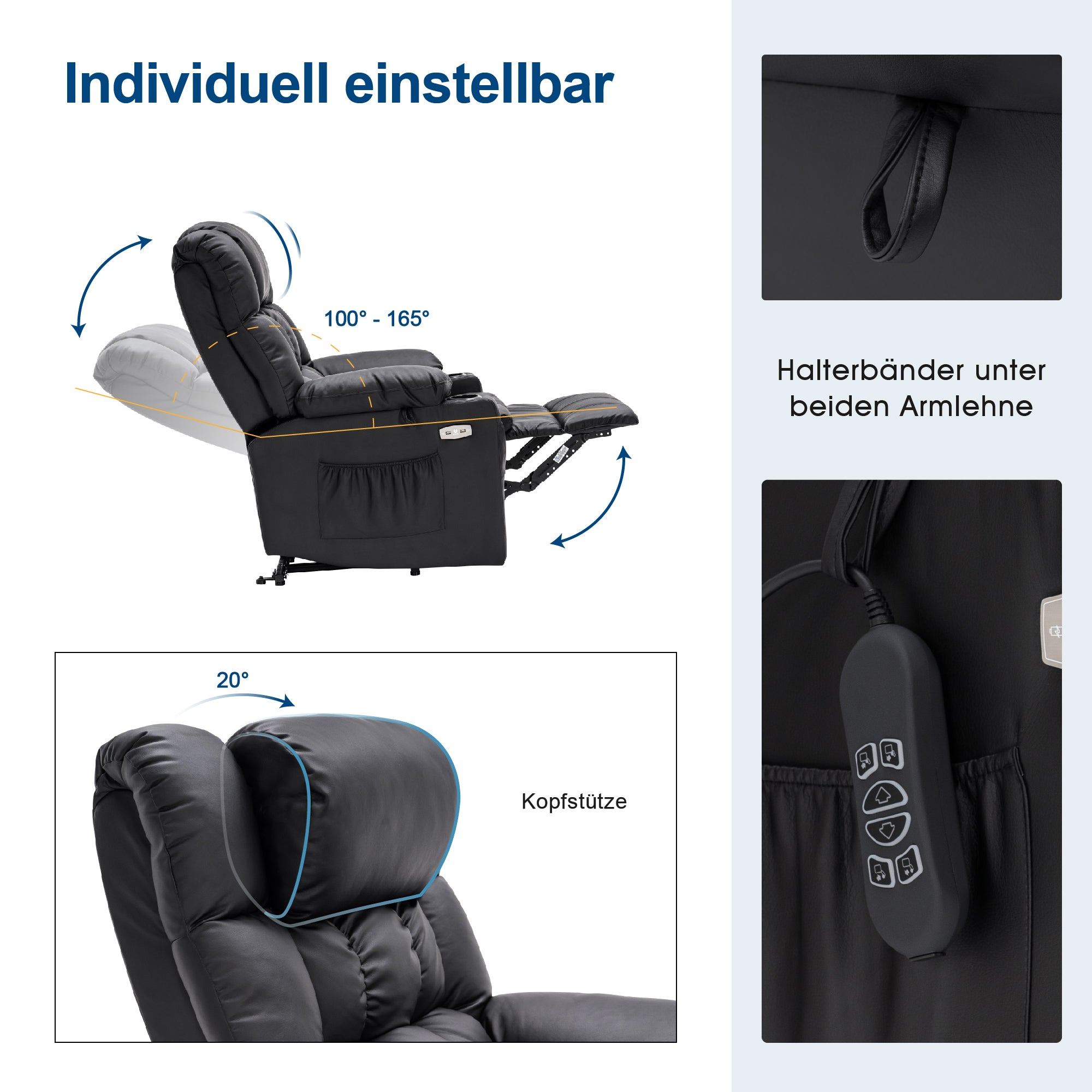 M MCombo electric stand-up relaxation chair 7546, separately adjustable with 3 motors, reclining position up to 165°, TV armchair with USB, for seniors' living room