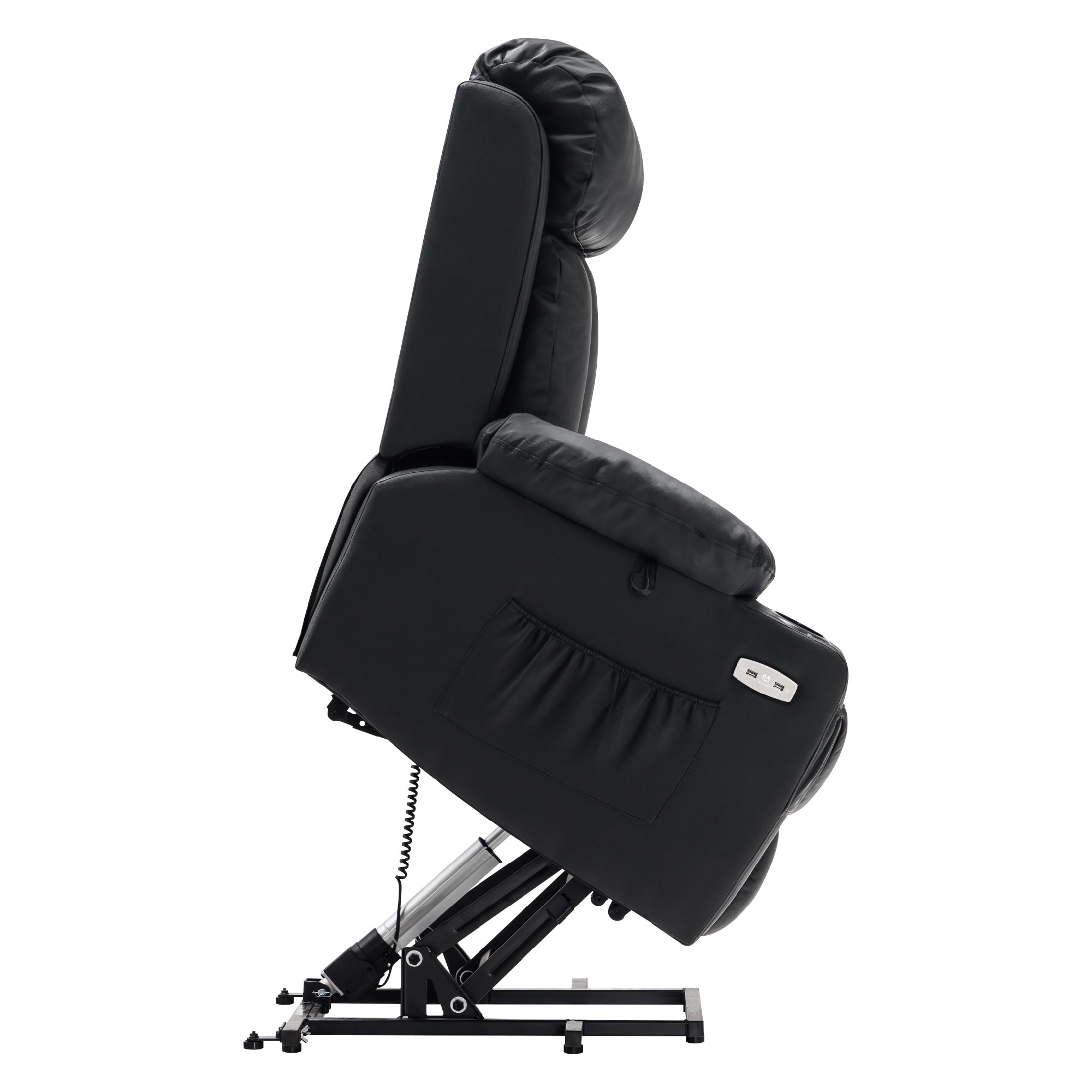 M MCombo relaxation chair with stand-up aid and reclining function 7190, TV chair electrically adjustable, for seniors living room, USB, (black faux leather / dark gray fabric)