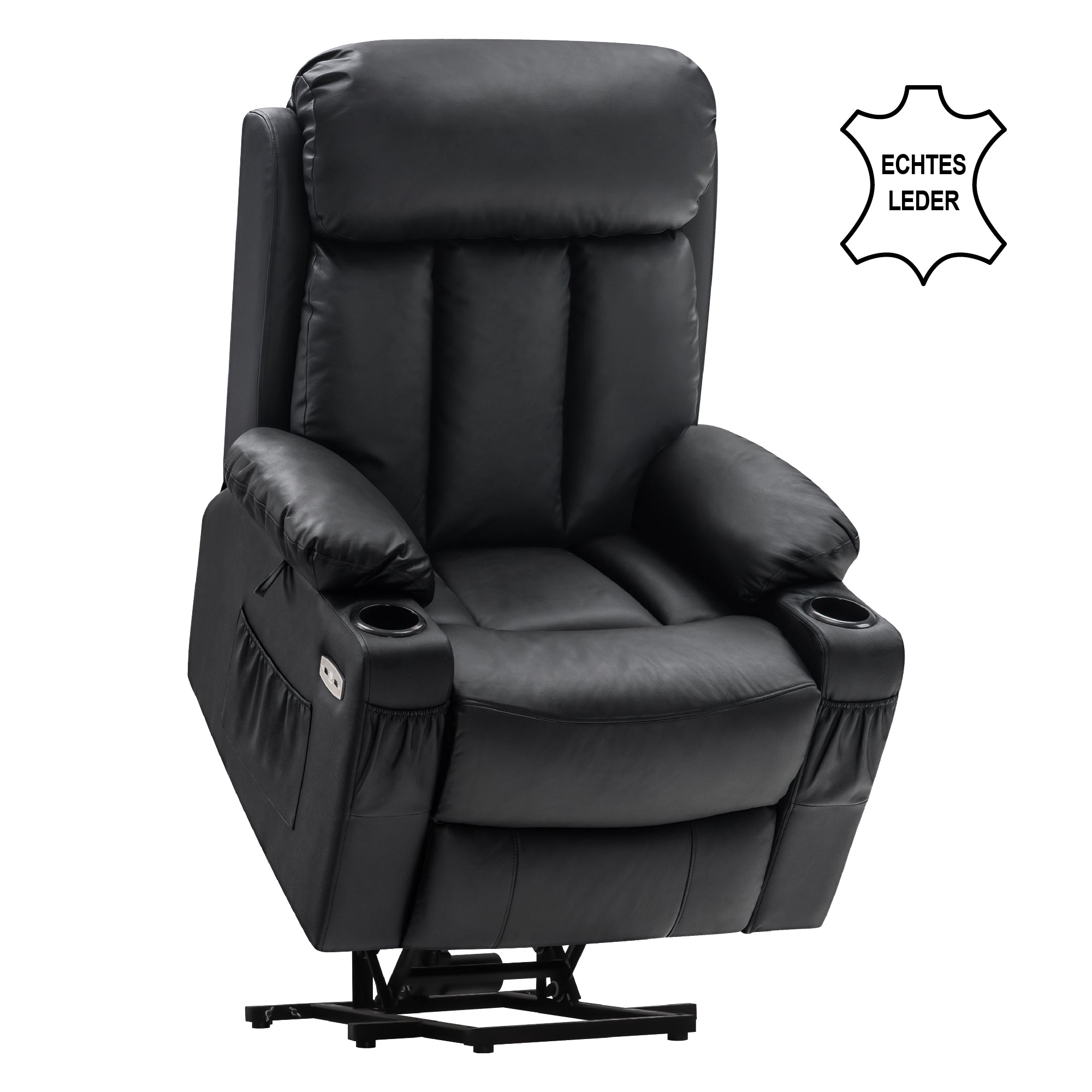 M MCombo relaxation chair with stand-up aid and reclining function 7190, TV chair electrically adjustable, for seniors living room, USB, (black faux leather / dark gray fabric)