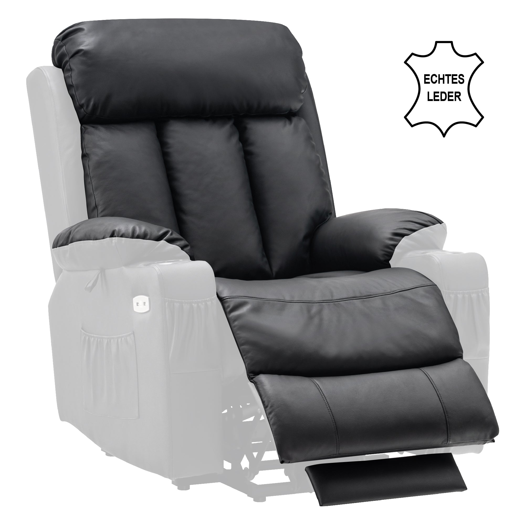 M MCombo relaxation chair with stand-up aid and reclining function 7190, TV chair electrically adjustable, for seniors living room, USB, (black faux leather / dark gray fabric)