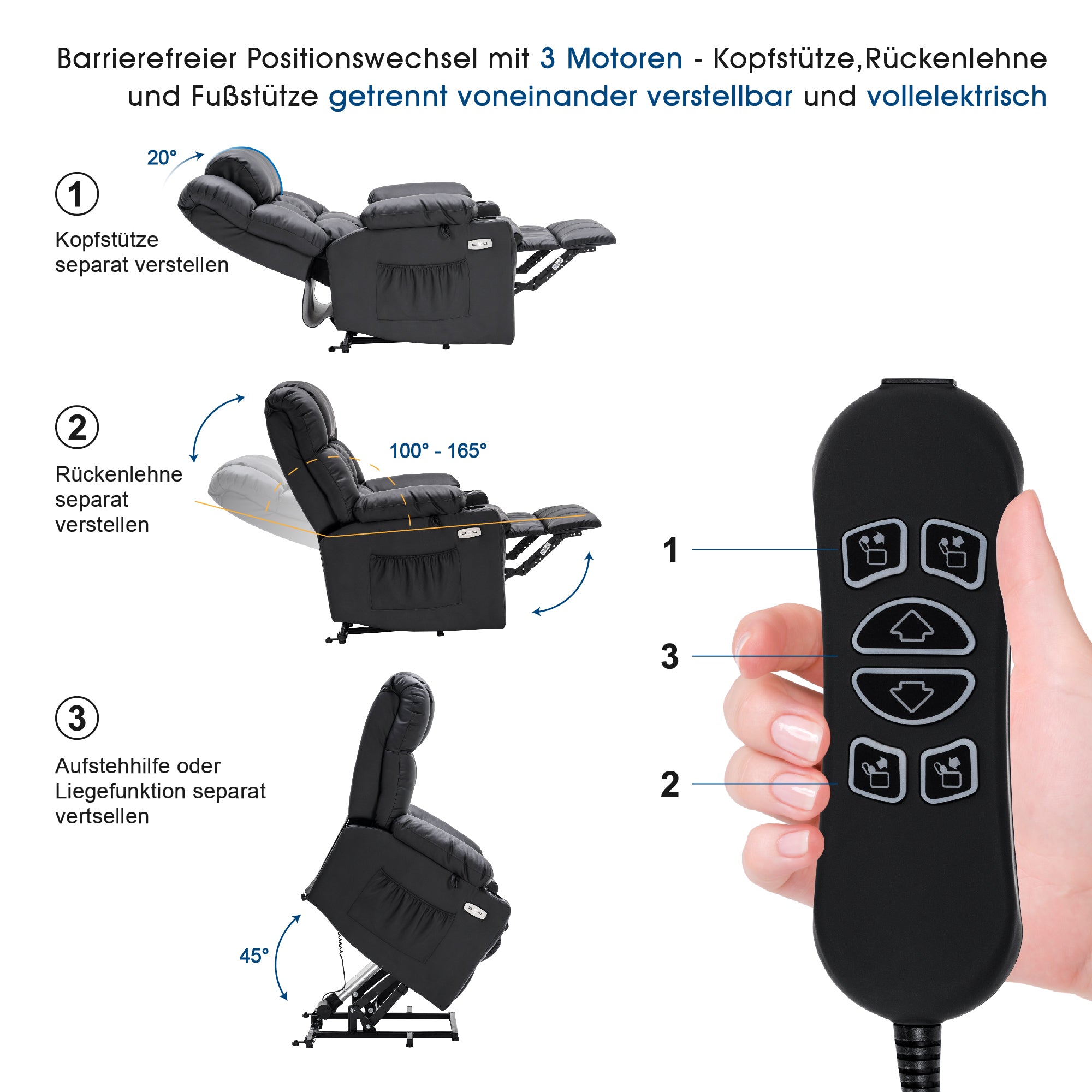 M MCombo electric stand-up relaxation chair 7546, separately adjustable with 3 motors, reclining position up to 165°, TV armchair with USB, for seniors' living room