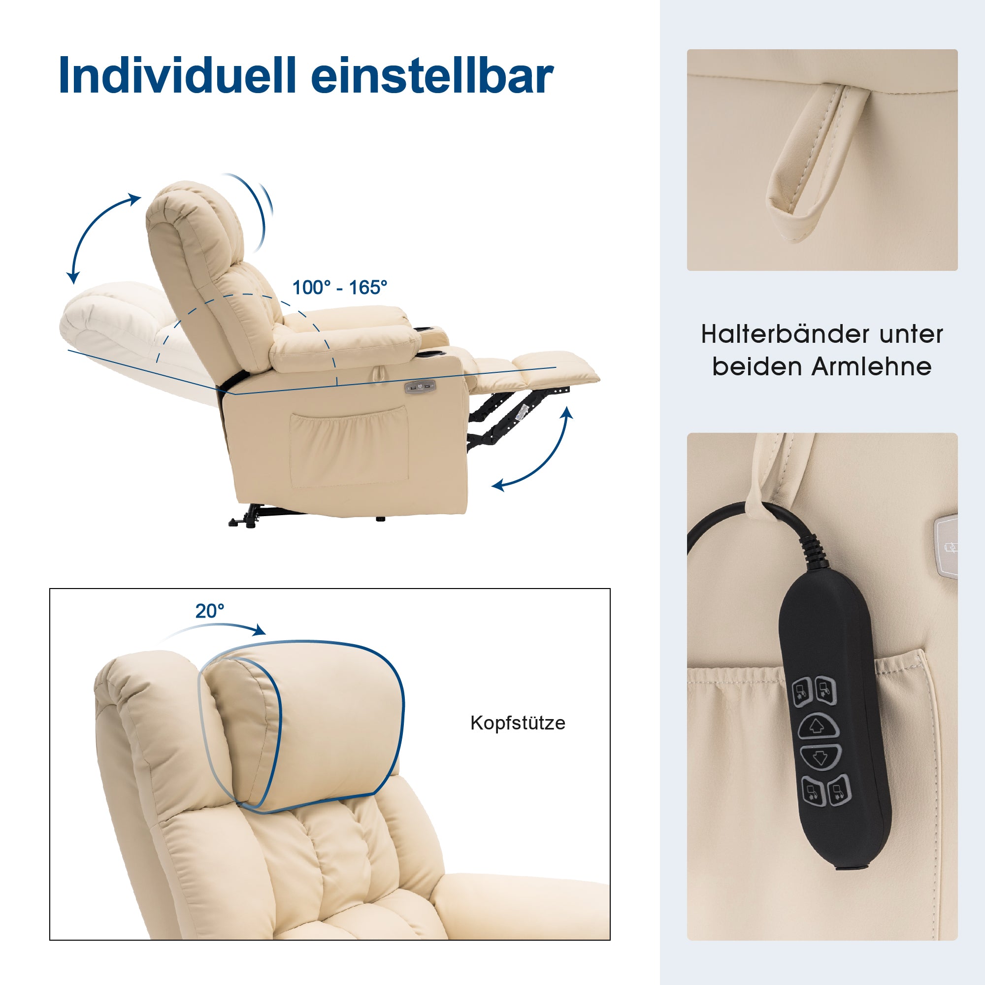 M MCombo electric stand-up relaxation chair 7546, separately adjustable with 3 motors, reclining position up to 165°, TV armchair with USB, for seniors' living room