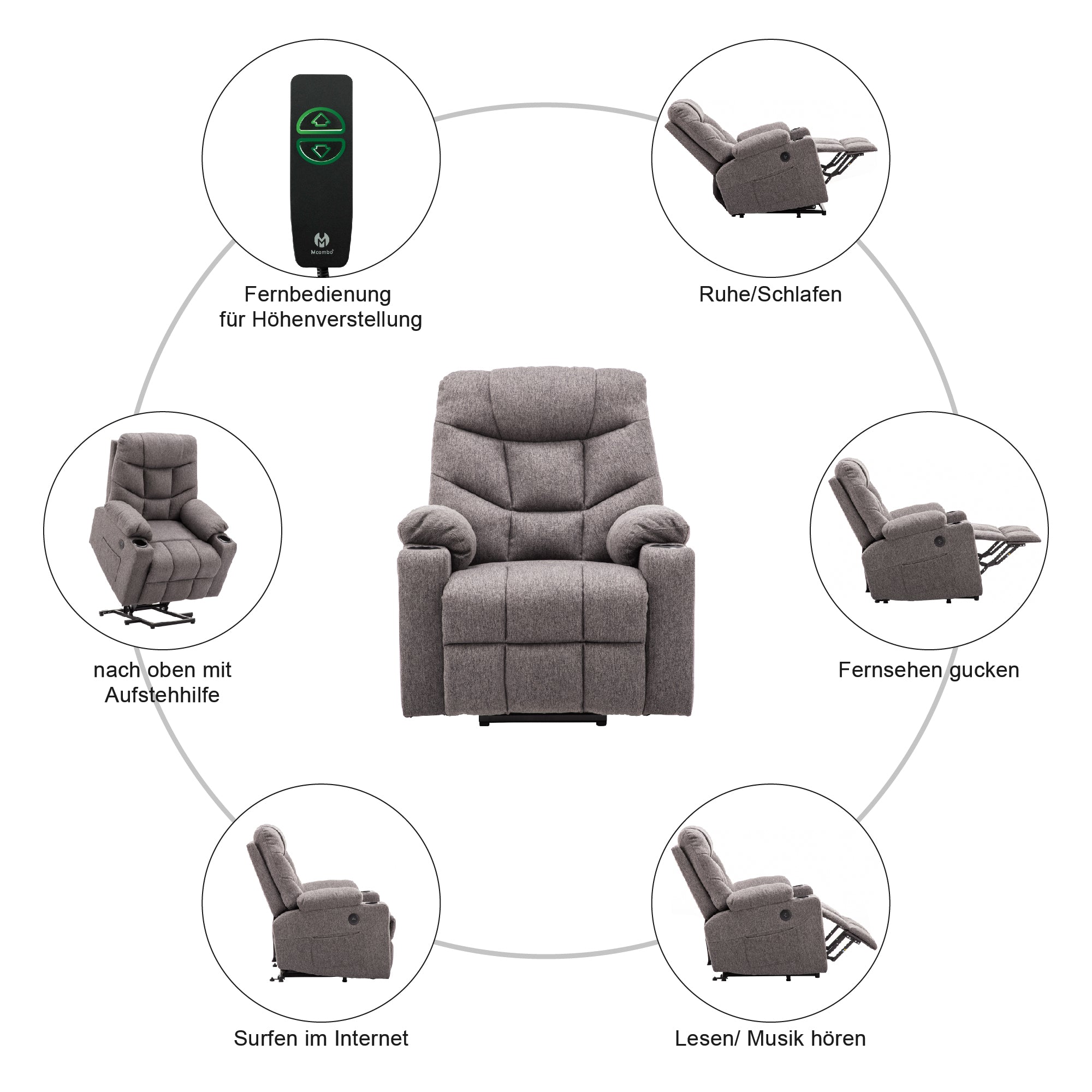 M MCombo TV armchair with electric stand-up aid, armchair with stand-up aid, TV armchair with reclining function up to 140°, senior armchair for the living room, with USB 7286