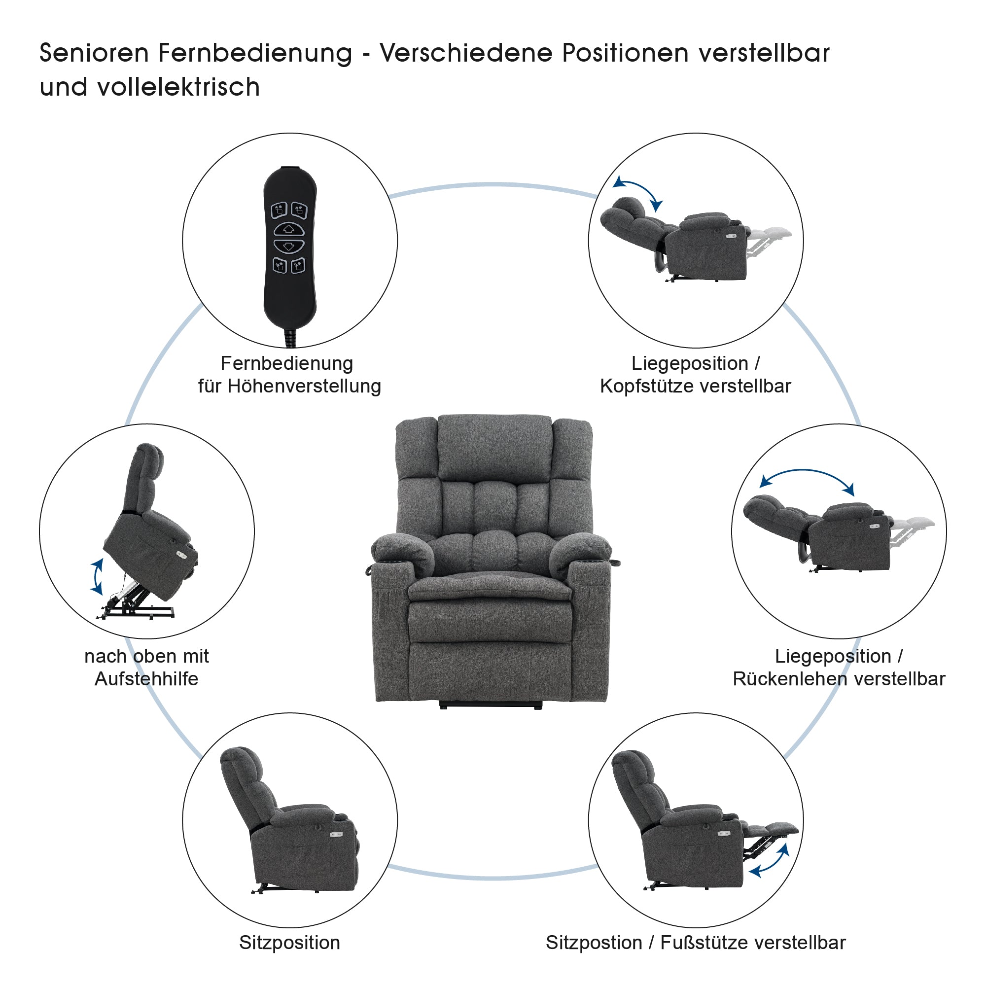 M MCombo electric stand-up relaxation chair 7546, separately adjustable with 3 motors, reclining position up to 165°, TV armchair with USB, for seniors' living room