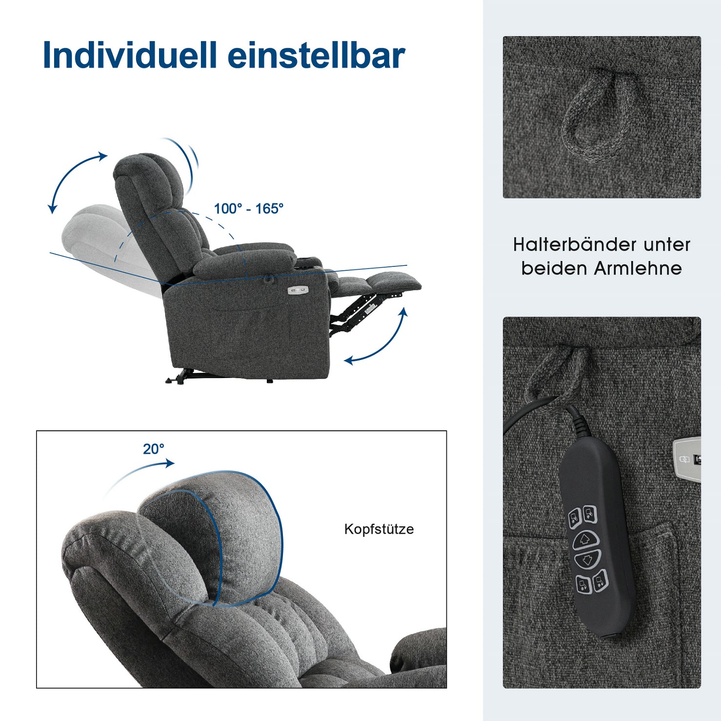 M MCombo electric stand-up relaxation chair 7546, separately adjustable with 3 motors, reclining position up to 165°, TV armchair with USB, for seniors' living room