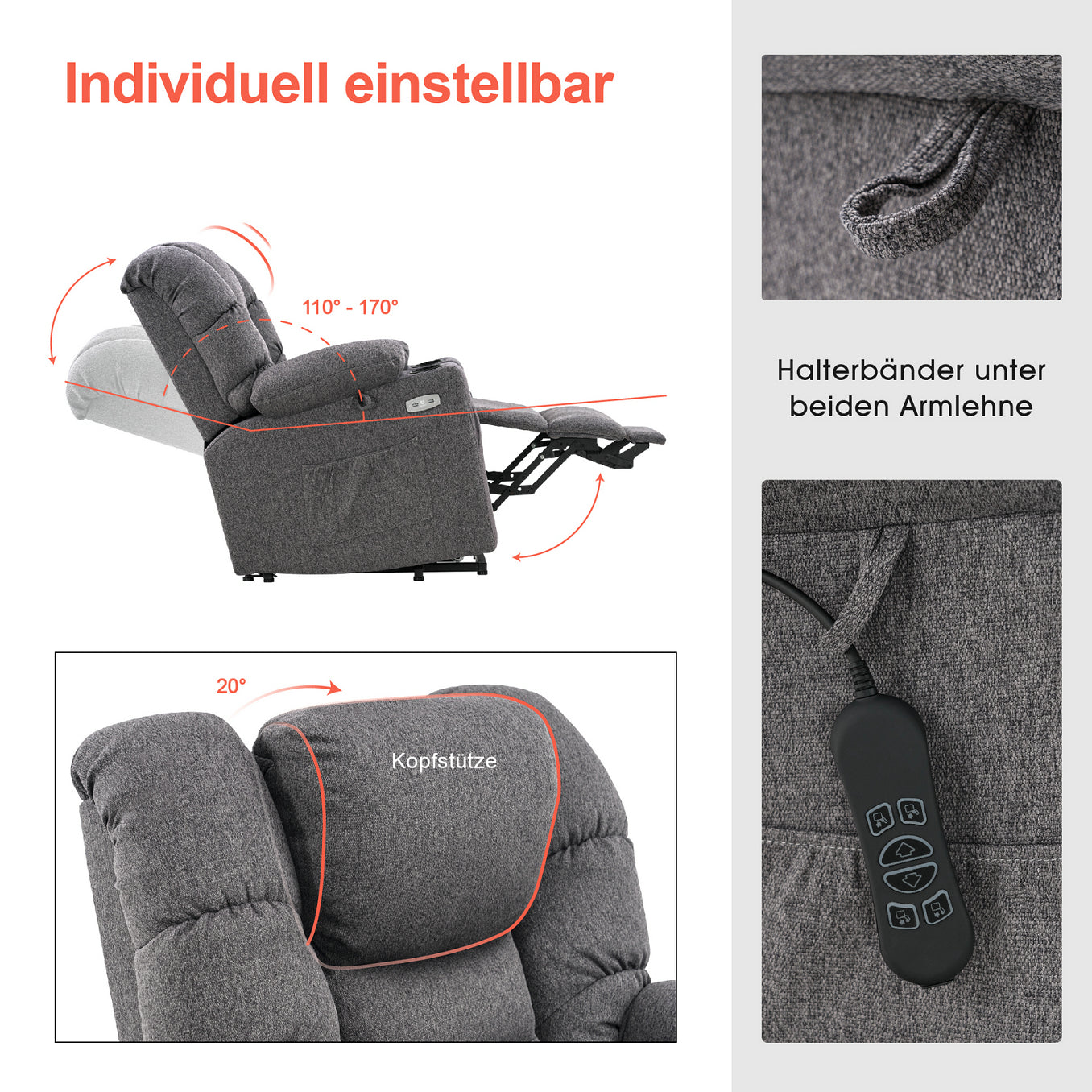 Fauteuil inclinable électrique M MCombo 7550, avec 3 moteurs réglables séparément, position inclinable jusqu'à 170°, repose-pieds allongé, USB, pour salon seniors