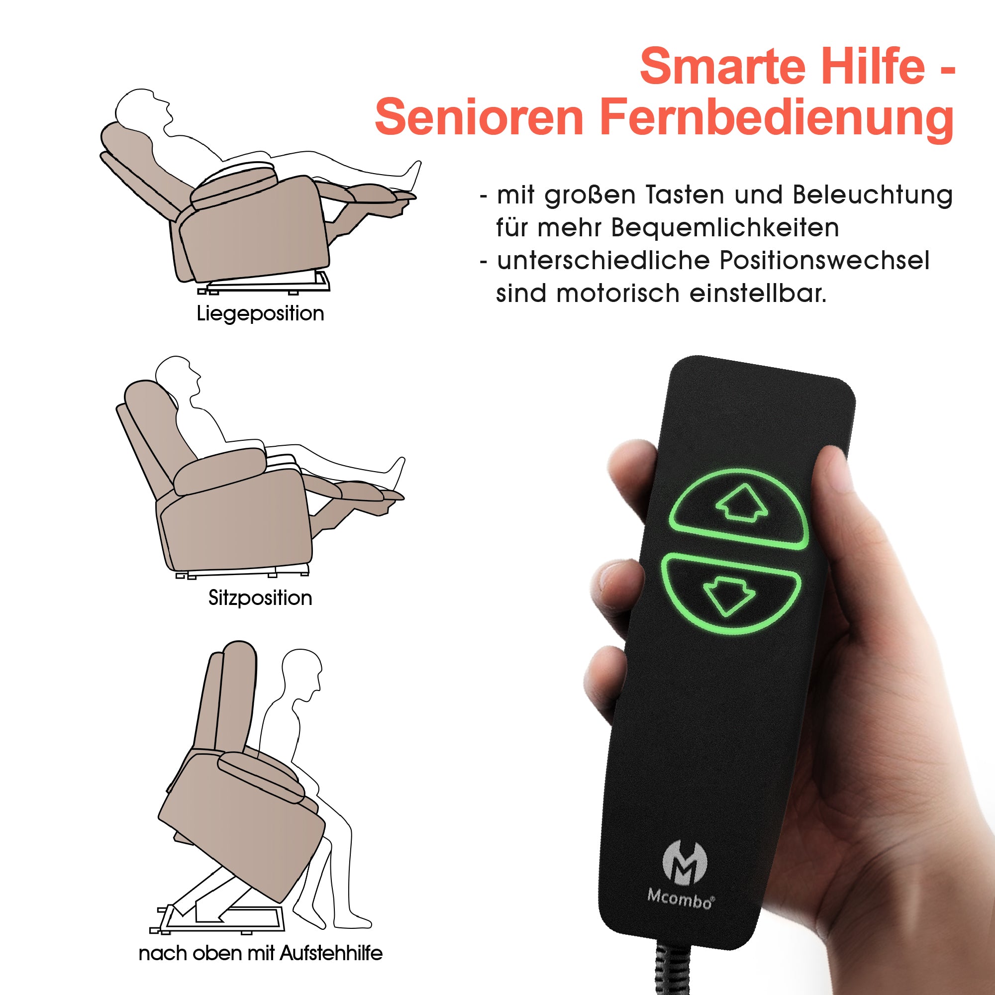 MCombo armchair accessories replacement remote control, for the recliners 7040/7288 /7286/7299/7190/ 7061 /7070, with 5-pin connection, 2 LED buttons, black, 15.5 × 4.8 × 2 cm