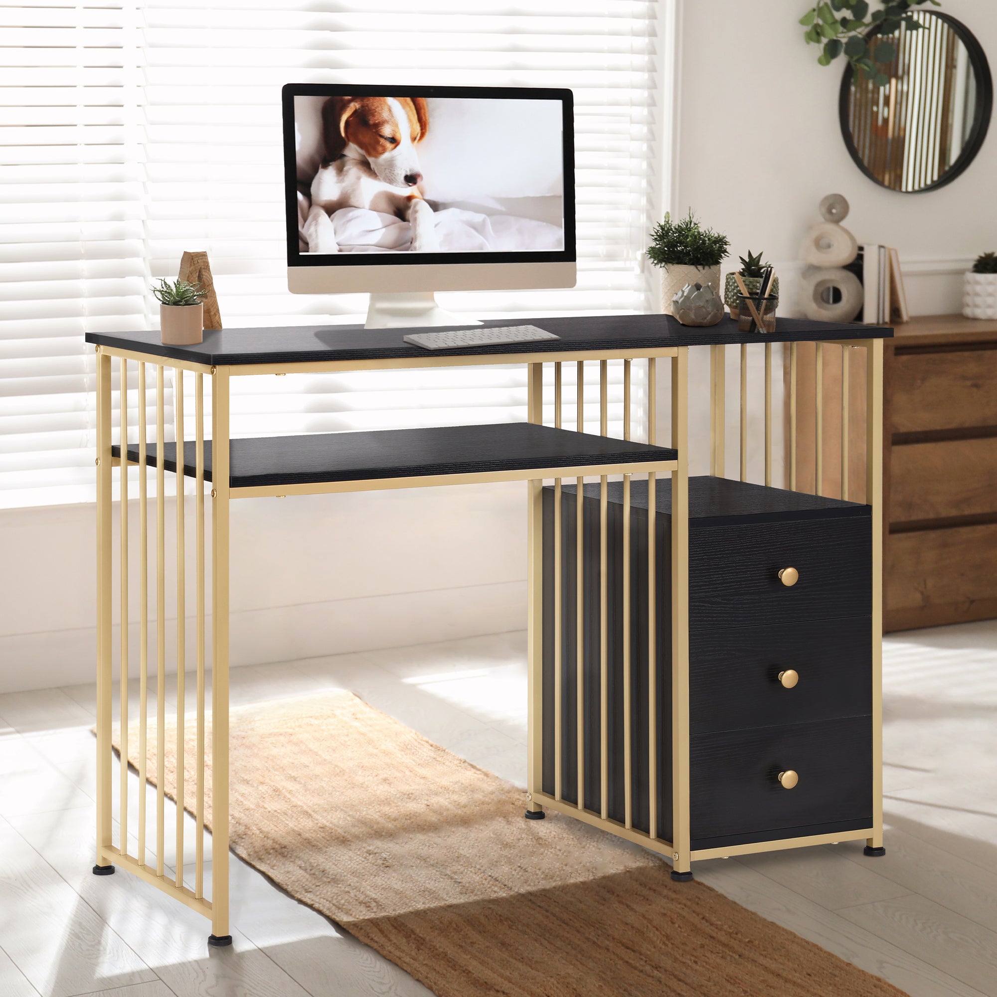 M MCombo Desk with Drawers, Dressing Table without Mirror, Wooden Nail Table with Metal Frame, Computer Desk for Living Room, Modern, 109 x 45.5 x 81cm, 2407 