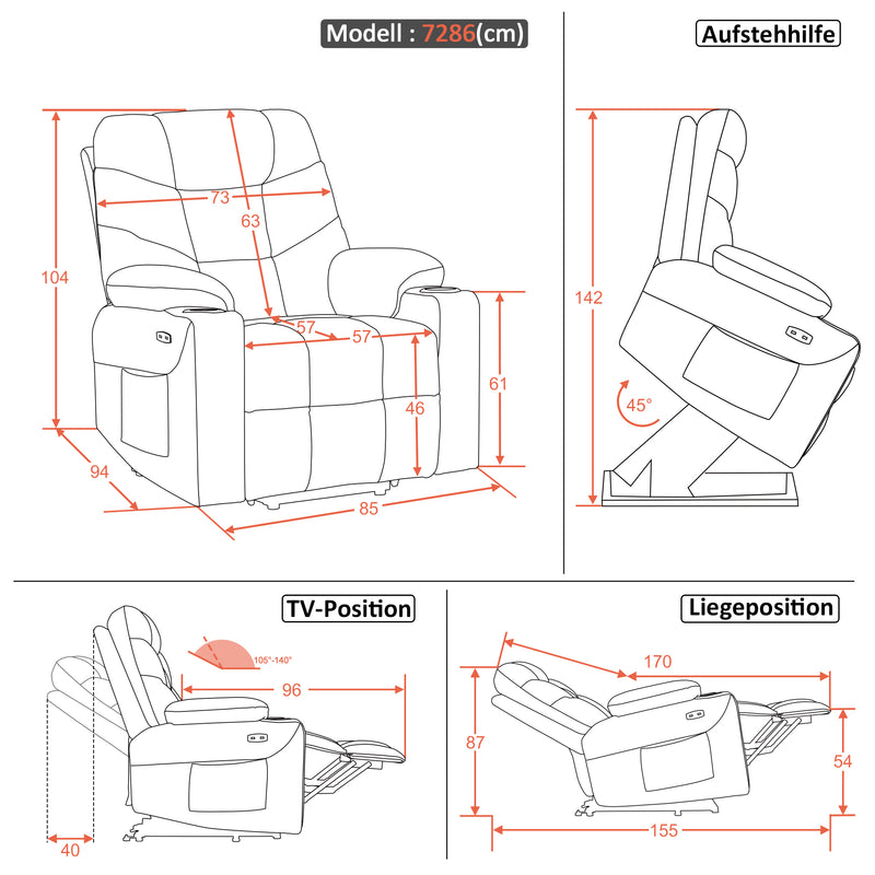 M MCombo Fernsehsessel mit Aufstehhilfe Elektrisch, Sessel mit Aufstehhilfe,  fernsehsessel mit liegefunktion bis 140°, Seniorensessel für Wohnzimmer, mit USB 7286