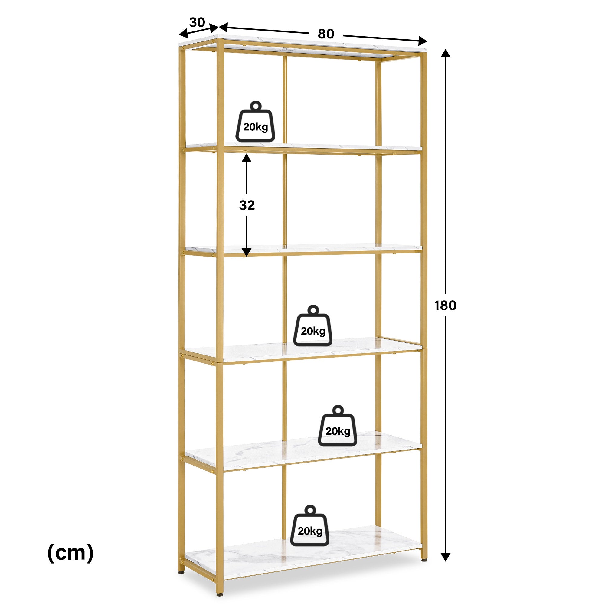 MCombo Bücherregal Gold, Standregal mit 5 Ebenen, Büroregal mit Metallrahmen, Regal für Büro, Wohnzimmer, Schlafzimmer, Küche, Nagelstudio, Marmor-Weiß, 30x80x180cm, 5166
