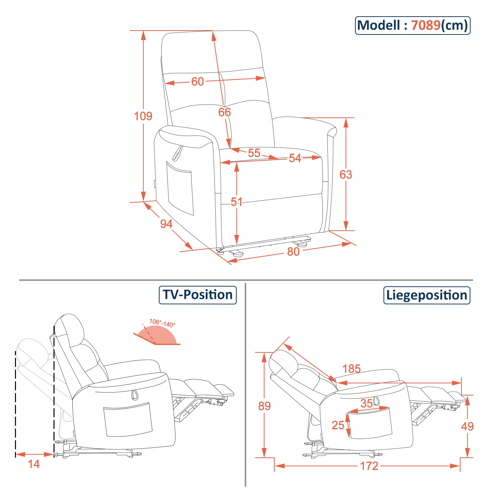 M MCombo Fernsehsessel Elektrisch Verstellbar, Relaxsessel mit Liegefunktion, Recliner Chair, Seitentasche & Haltebänder,  Sessel Wohnzimmer, 7089 (Grau)