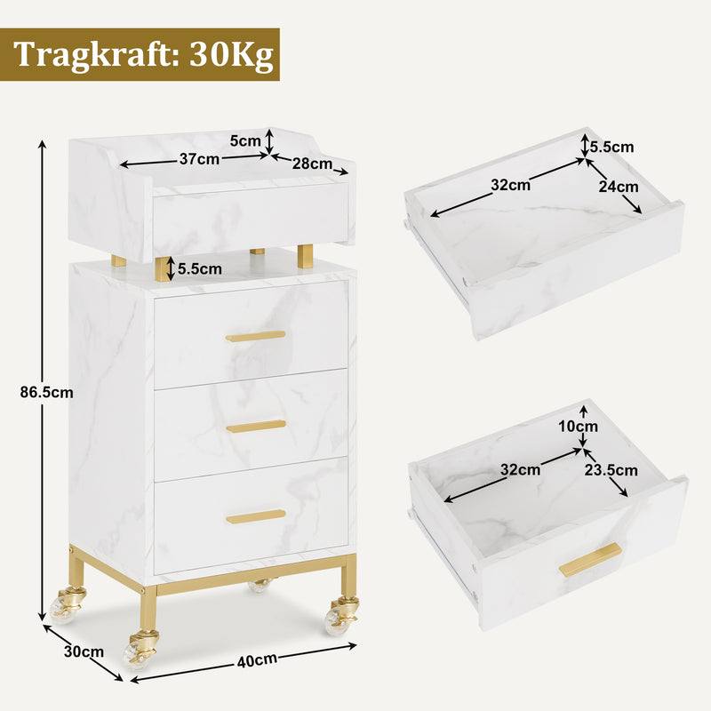 M MCombo Servierwagen mit Rollen & 4 Schubladen, Rollwagen Friseurwagen Weiß, Salon Trolley mit Ablage, Moderner Arbeitswagen für Bad Wohnzimmer, 30x40x86,5 cm, 0062