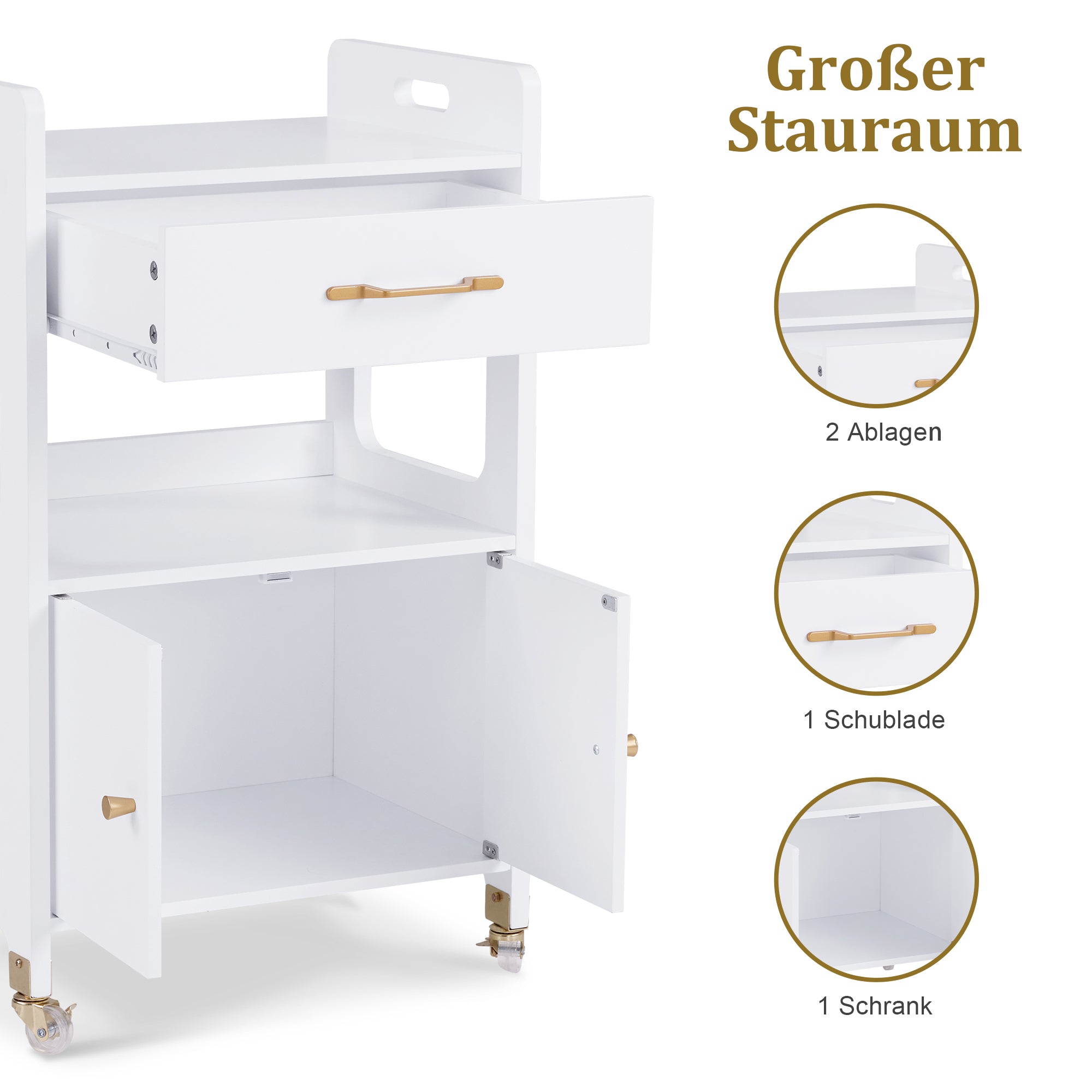 M MCombo Serving Cart with Wheels &amp; Drawers, Hairdressing Trolley White, Salon Trolley with 2 Shelves, Modern Work Cart for Bathroom Living Room, 35x48x80.5cm, 0055 