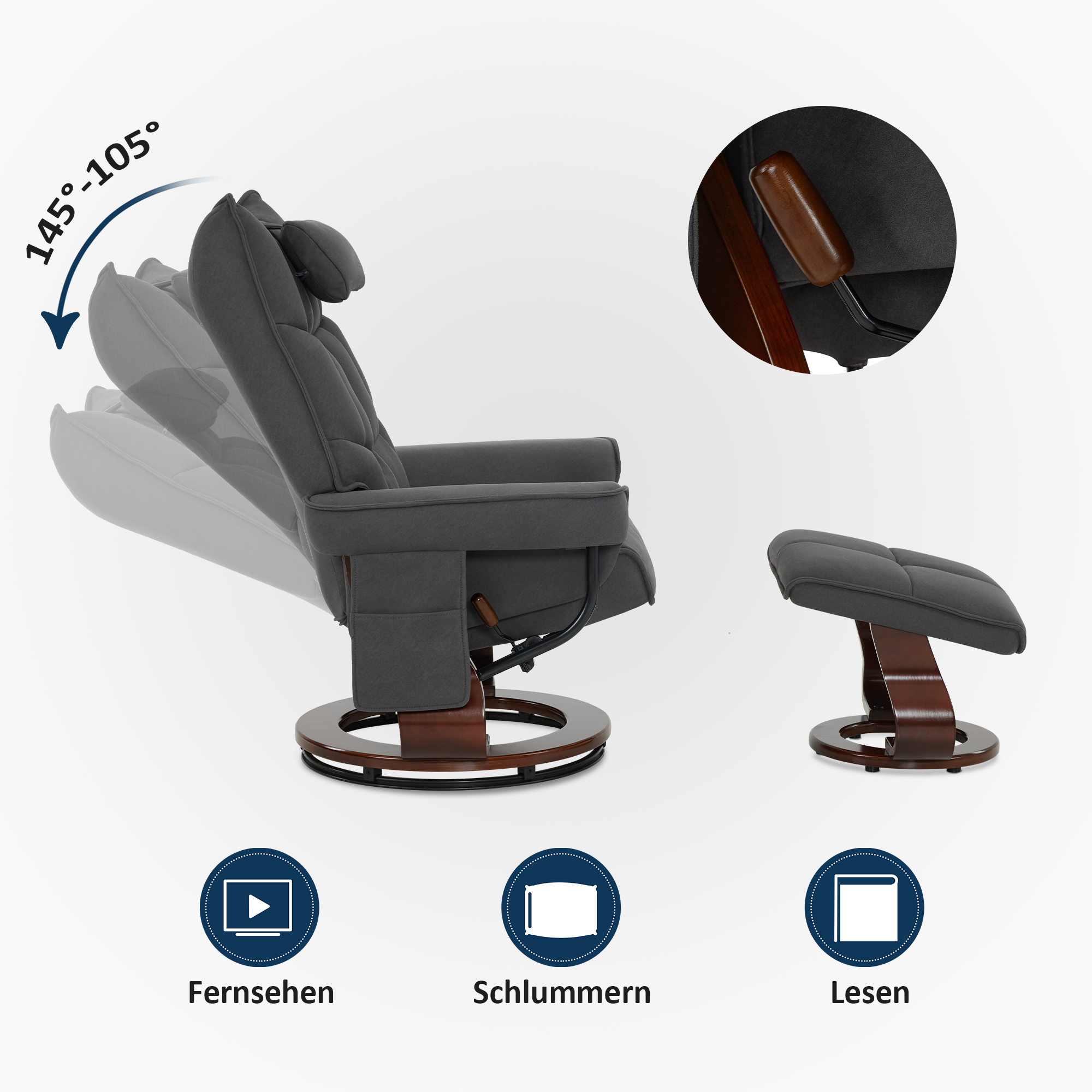 MCombo relaxation chair with stool 9076, rotating TV chair with reclining function, modern TV chair chair for living room, with cushion and side pocket, microfiber/fabric, 140 x 92 x 111cm