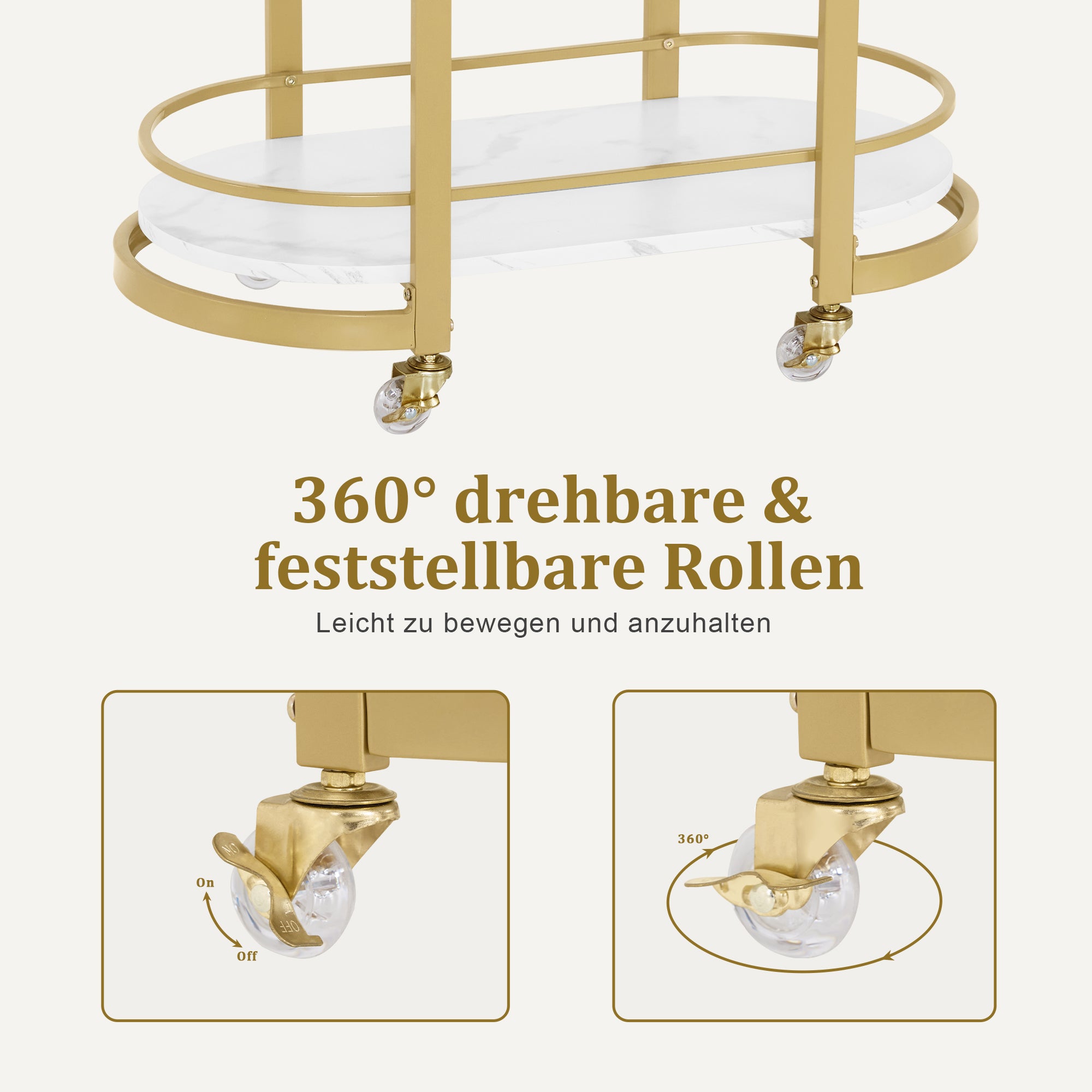 M MCombo Serving Cart with Wheels, Kitchen Cart Bar Cart Metal Frame White-Gold, Modern Rolling Cart Multi-Purpose Cart with 3 Levels, for Kitchen Bathroom Living Room Office, 40x75.5x80, 0034
