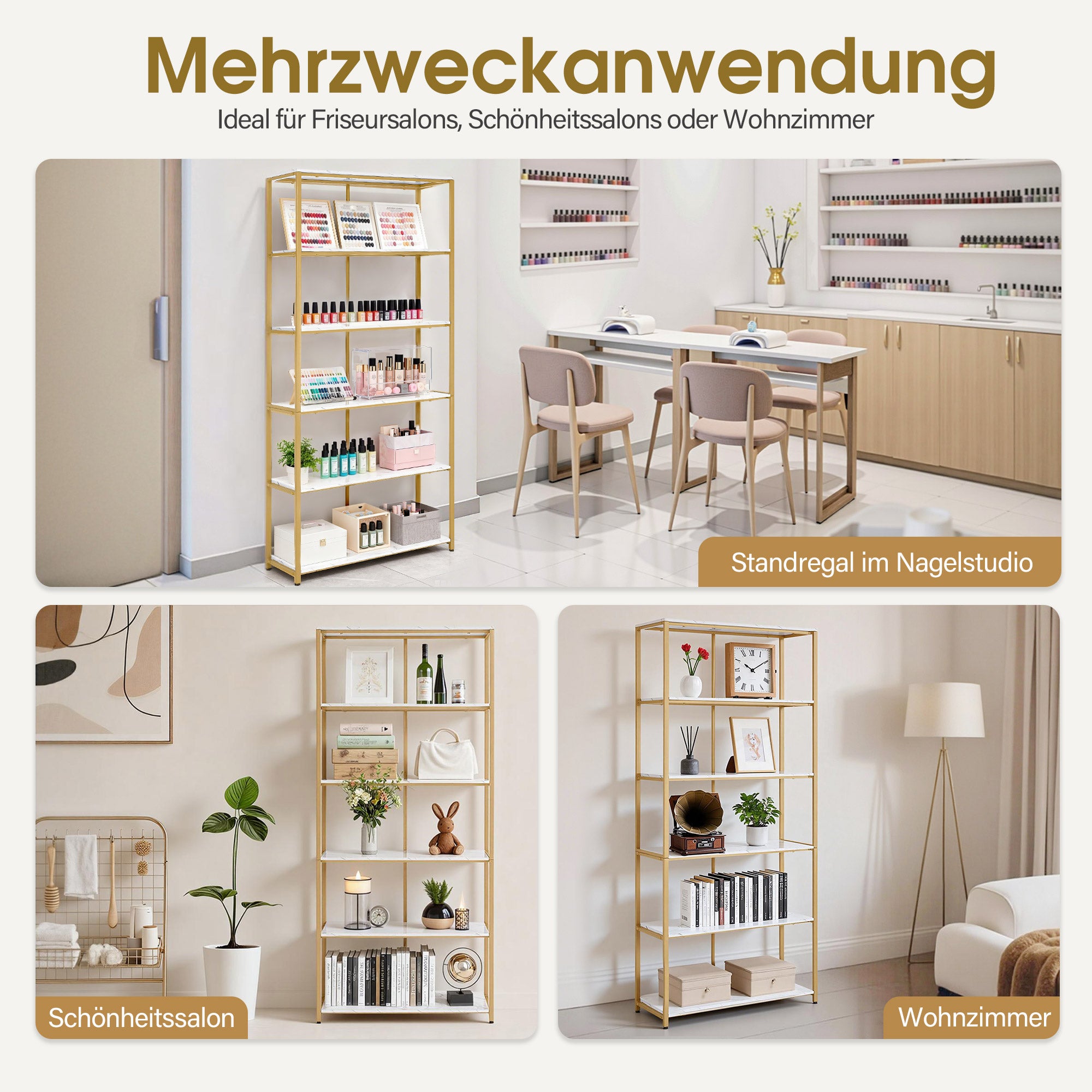 MCombo Bücherregal Gold, Standregal mit 5 Ebenen, Büroregal mit Metallrahmen, Regal für Büro, Wohnzimmer, Schlafzimmer, Küche, Nagelstudio, Marmor-Weiß, 30x80x180cm, 5166