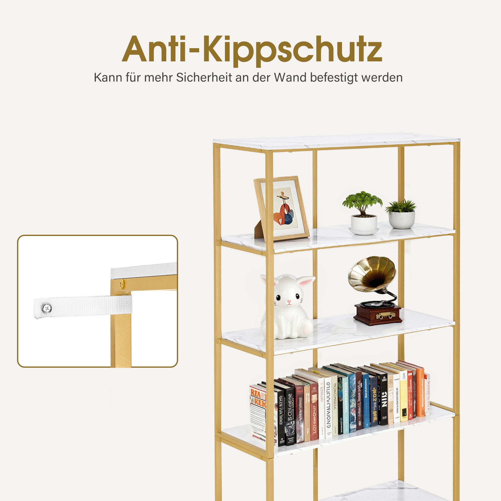 MCombo Bücherregal Gold, Standregal mit 5 Ebenen, Büroregal mit Metallrahmen, Regal für Büro, Wohnzimmer, Schlafzimmer, Küche, Nagelstudio, Marmor-Weiß, 30x80x180cm, 5166