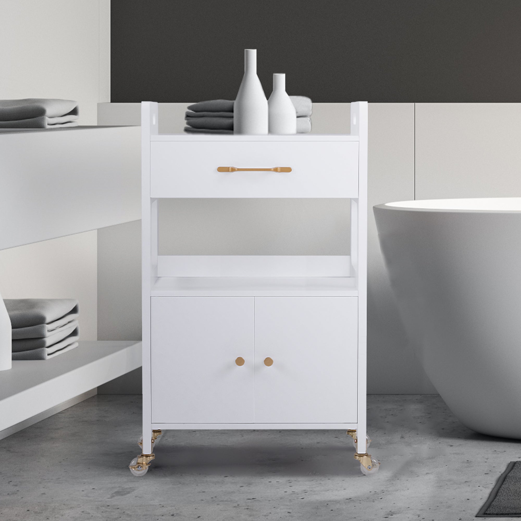 M MCombo Serving Cart with Wheels &amp; Drawers, Hairdressing Trolley White, Salon Trolley with 2 Shelves, Modern Work Cart for Bathroom Living Room, 35x48x80.5cm, 0055 