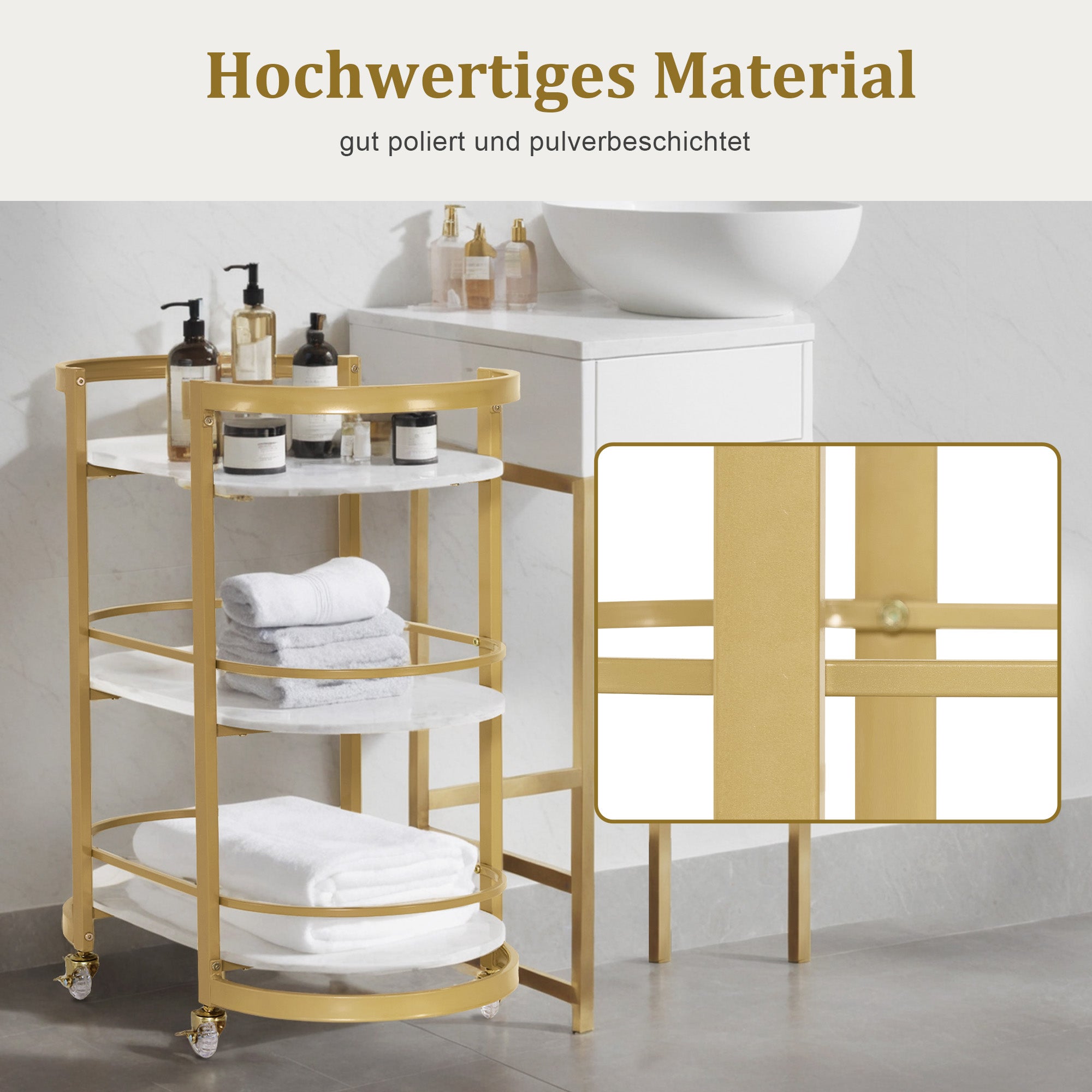 M MCombo Serving Cart with Wheels, Kitchen Cart Bar Cart Metal Frame White-Gold, Modern Rolling Cart Multi-Purpose Cart with 3 Levels, for Kitchen Bathroom Living Room Office, 40x75.5x80, 0034