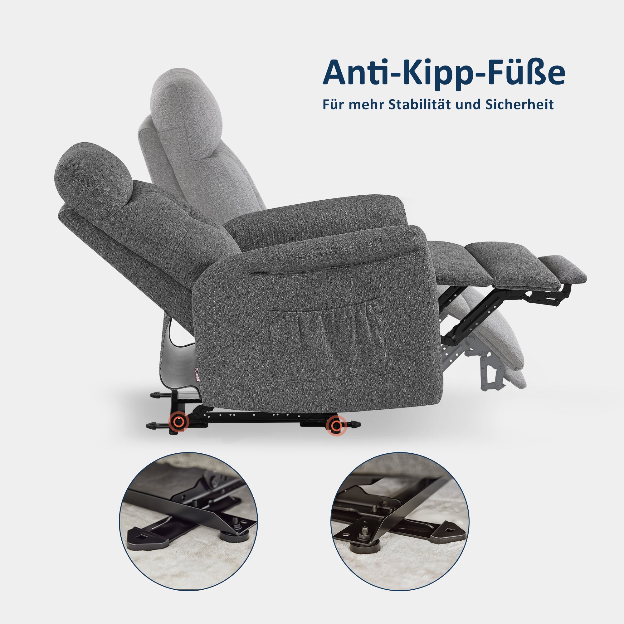 M MCombo Fernsehsessel Elektrisch Verstellbar, Relaxsessel mit Liegefunktion, Recliner Chair, Seitentasche & Haltebänder,  Sessel Wohnzimmer, 7089 (Grau)