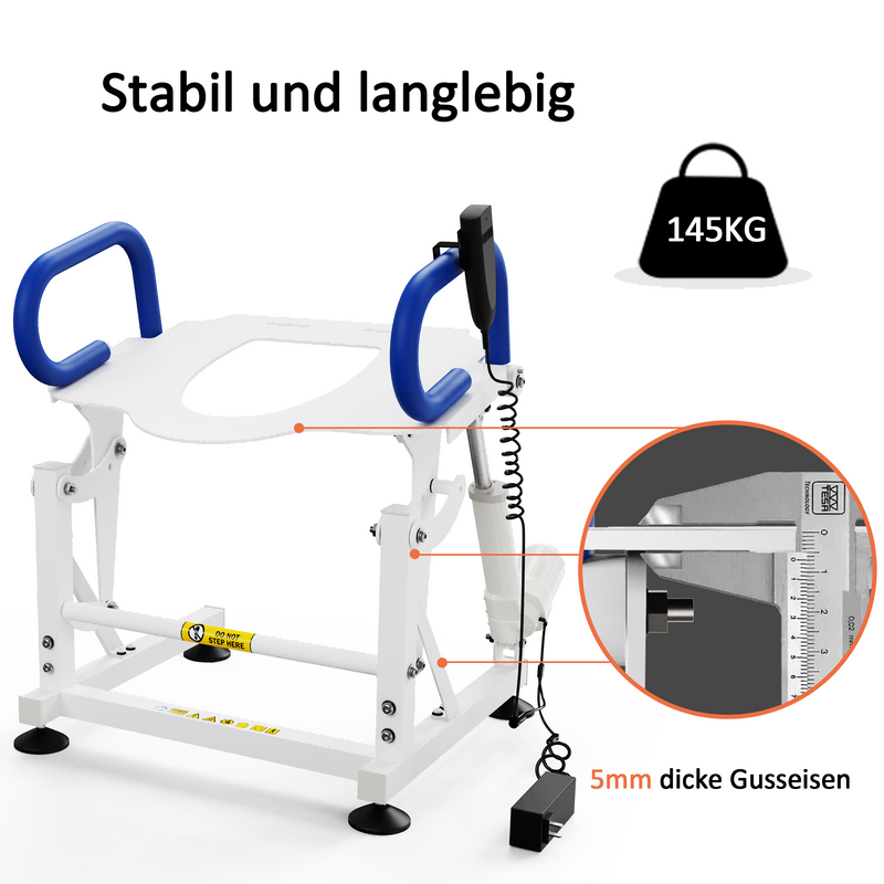 MCombo elektrisch Toilettenlift Toilettensitzerhöhung mit Armlehnen, WC-Aufstehhilfe Toilettengestell Senioren im Badezimmer, 145KG belastbar, Metall, M212W (Weiß)