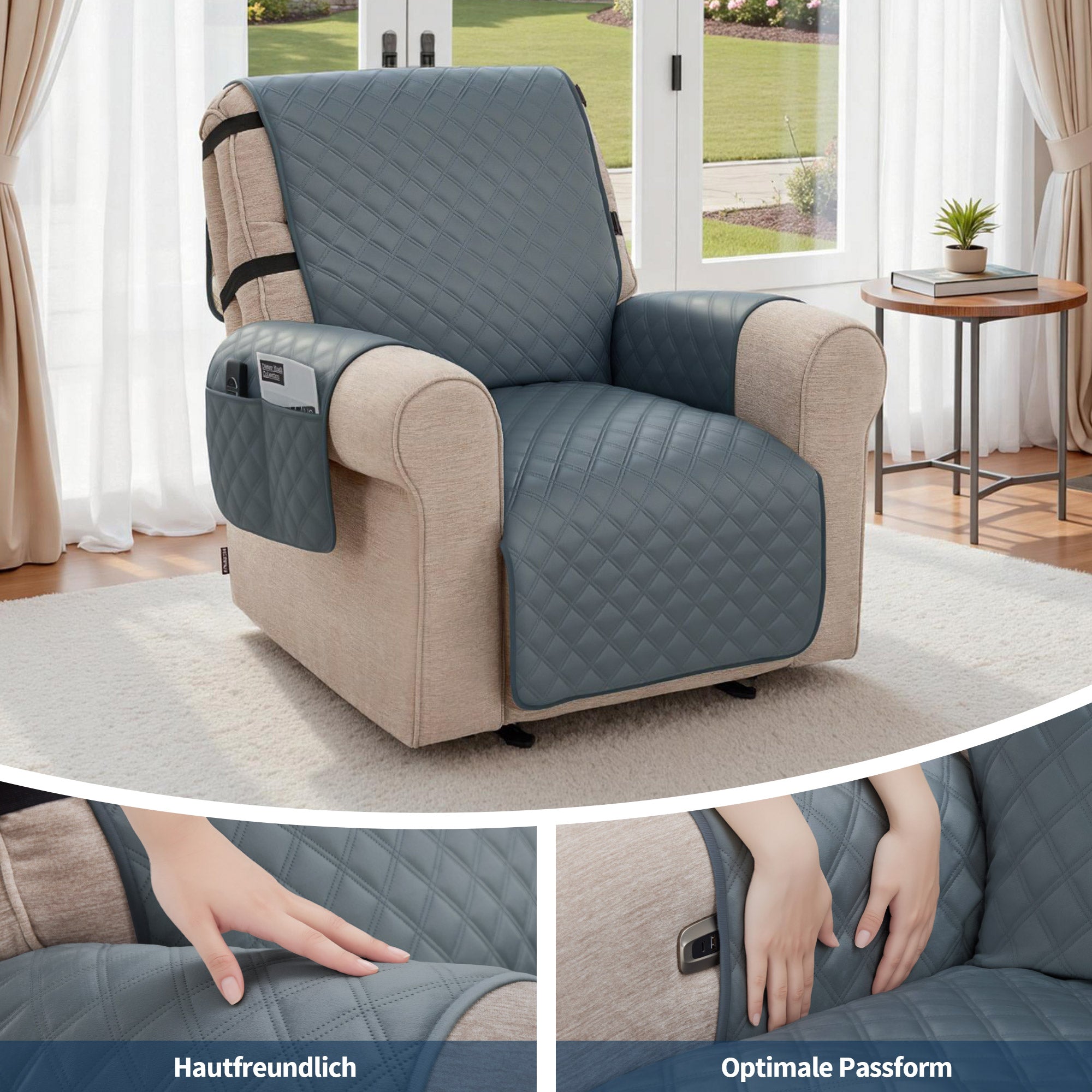 M MCombo Sesselschoner für Relaxsessel, Wasserdicht & Anti-Rutsch, Warmer und Weicher Sesselbezug mit Armlehne & Taschen, Kratzfester Sesselüberwurf Fernsehsessel C1815 (Grau/Samt)
