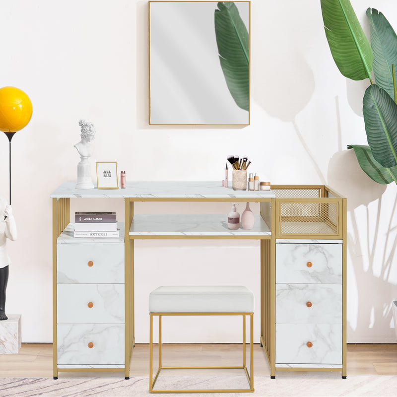 M MCombo Schreibtisch mit 6 Schubladen, Nageltisch aus Holz Metallgestell, Manikürtisch, Schminktisch ohne Spiegel Modern, Computertisch mit Ablagen Wohnzimmer, 46x125x81cm, 2425