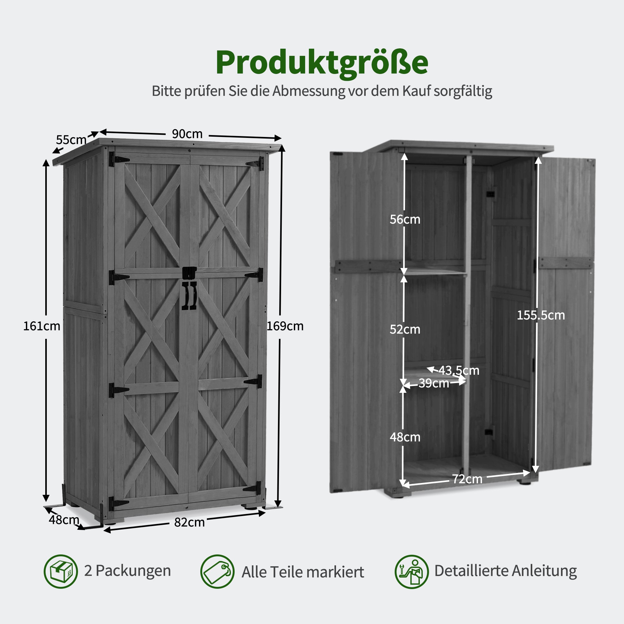 M MCombo Gartenschrank Holz, Gartenhaus Klein Wetterfest, Outdoor Gerätehaus Geräteschuppen, für Außenbereich Balkon Terrasse, 90×55×169cm, 0878