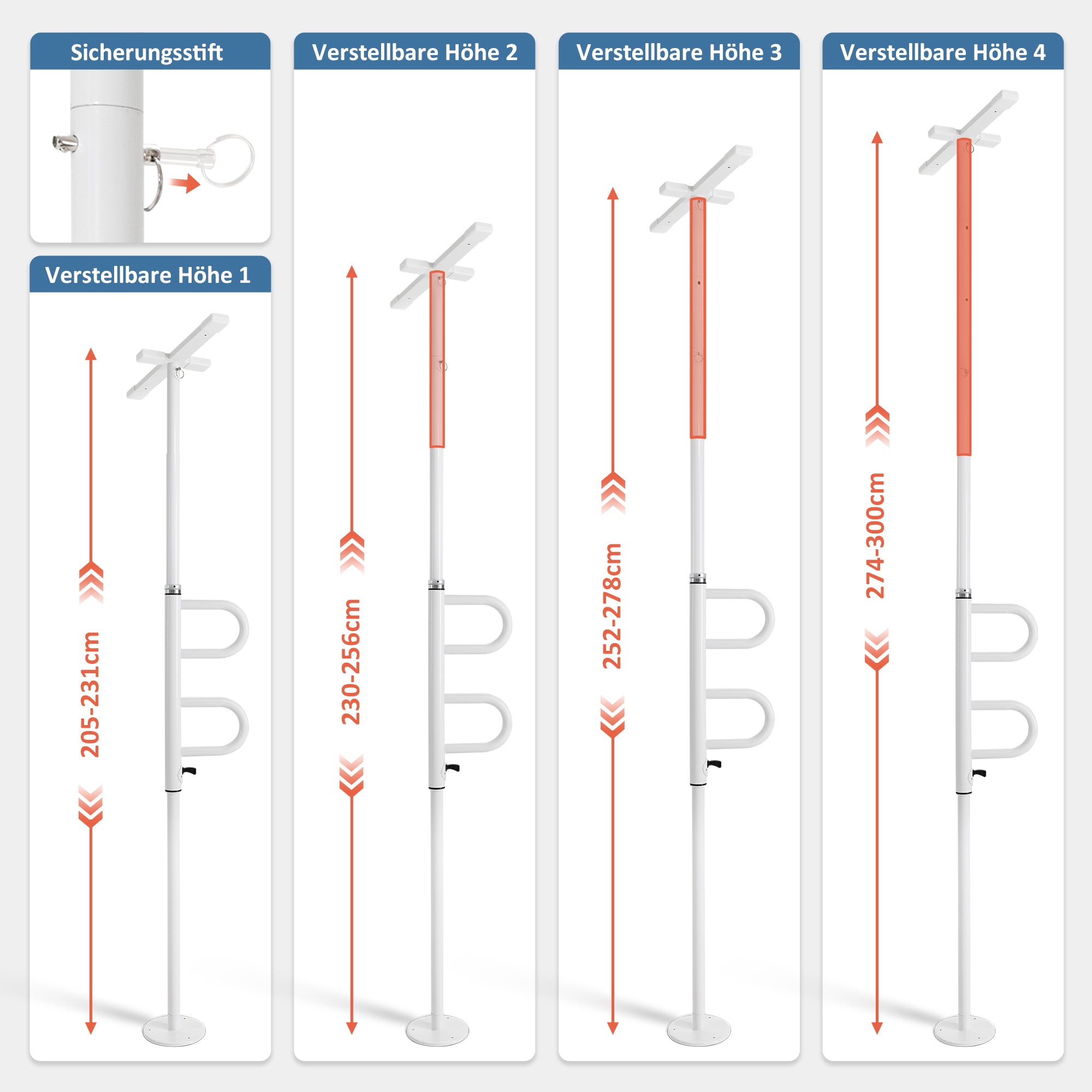 M Mcombo Sicherheitsstange 205-300CM Höhenverstellbar, mit 2 Haltegriffen Drehbar, Haltestange vom Boden bis zur Decke, Aufstehhilfe Senioren & Toilette 136kg Tragbar TD01CW (Weiß）