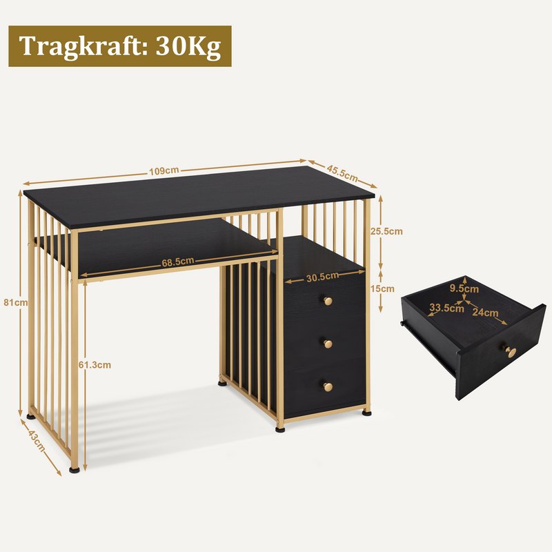 M MCombo Schreibtisch mit Schubladen, Schminktisch ohne Spiegel, Nageltisch aus Holz Metallgestell, Computertisch Wohnzimmer Modern, 109 x 45,5 x 81cm, 2407