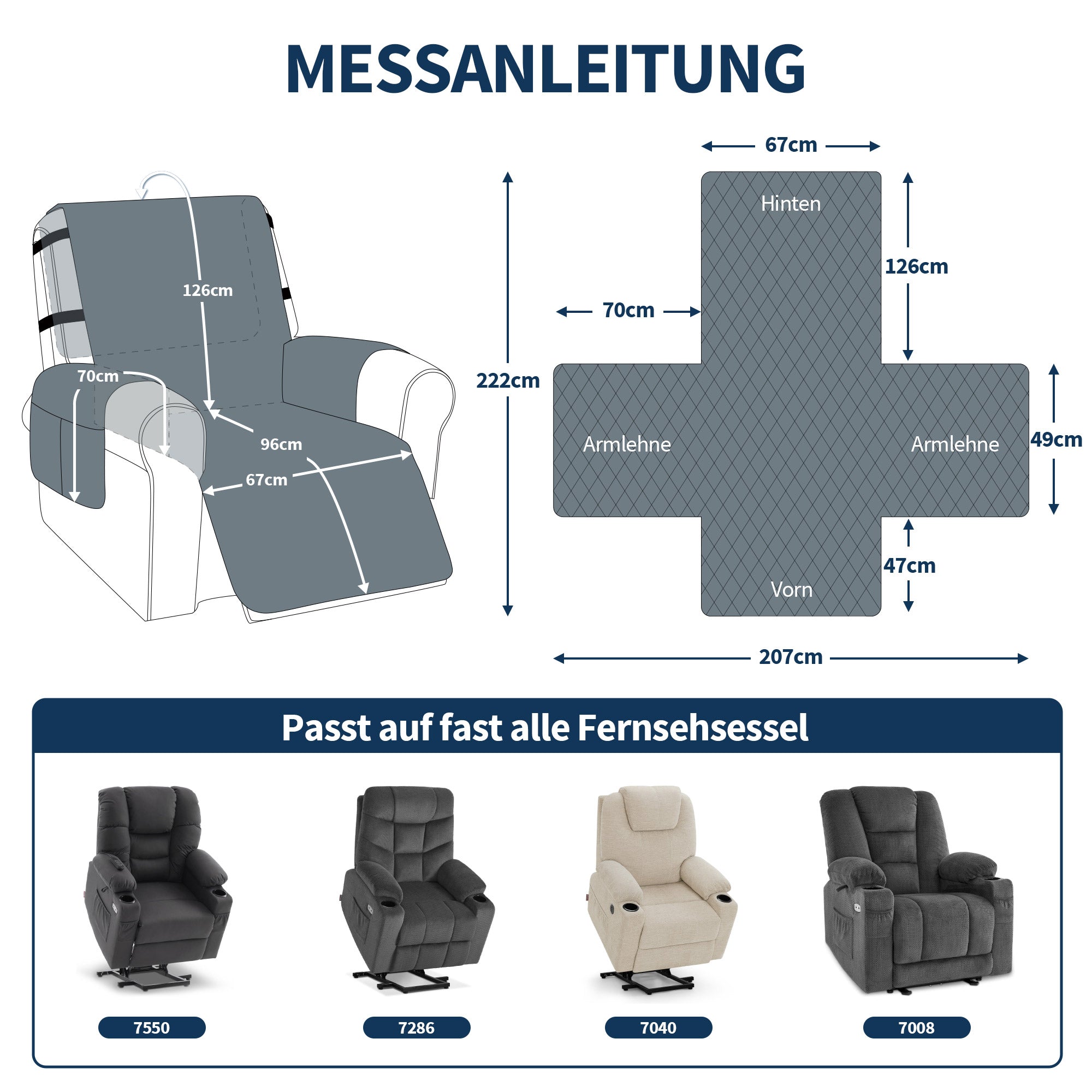 M MCombo Sesselschoner für Relaxsessel, Wasserdicht & Anti-Rutsch, Warmer und Weicher Sesselbezug mit Armlehne & Taschen, Kratzfester Sesselüberwurf Fernsehsessel C1815 (Grau/Samt)