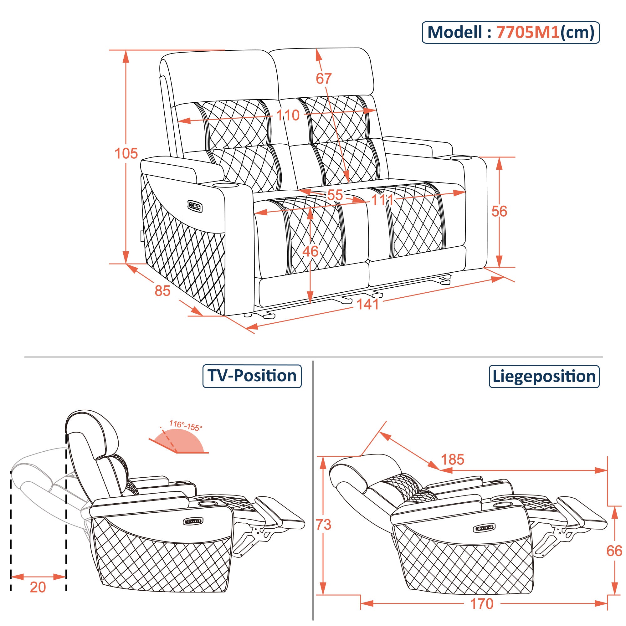 M MCombo  2 Sitzer Sofa mit Schlaffunktion, Relaxsofa 2 Sitzer mit verstellbare Kopfstütze, 2er Kinosessel mit USB & Type-C Anschlüsse, Armlehnen-Aufbewahrung & LED Beleuchtung, 7705 Schwarz