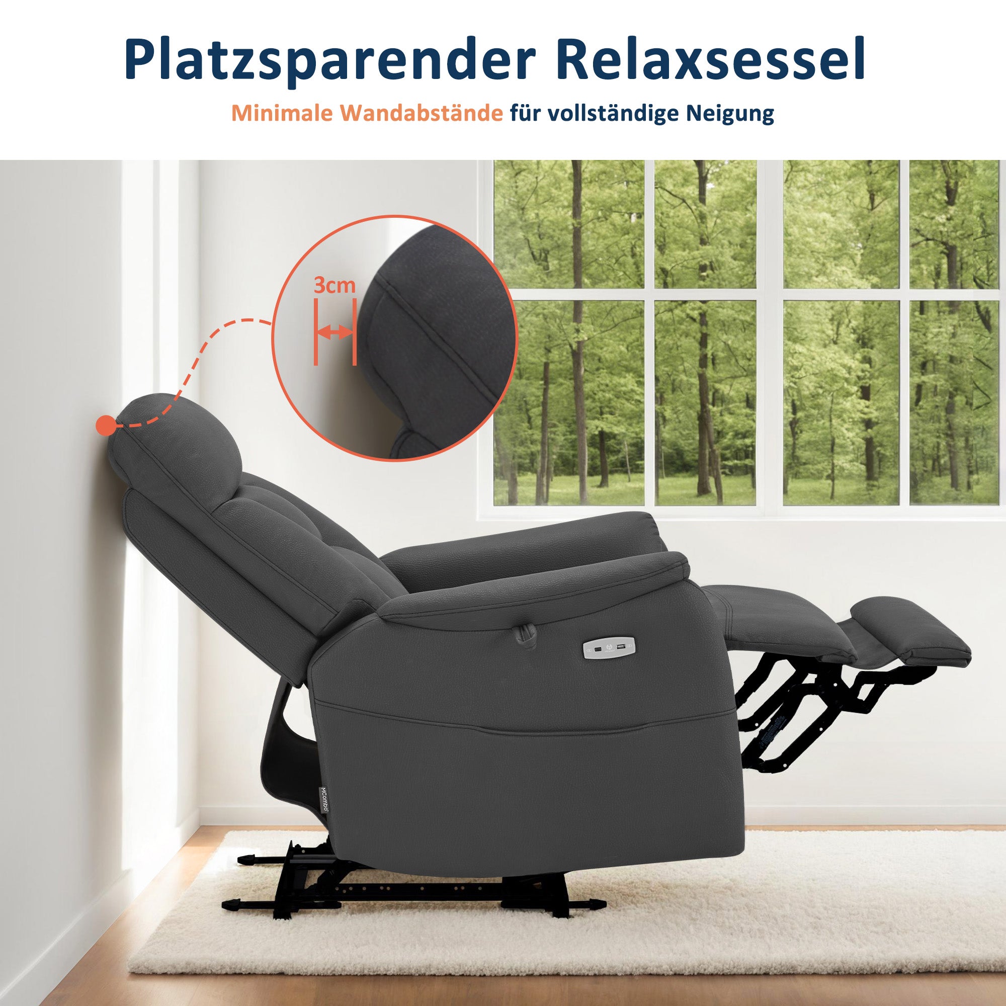M MCombo Relaxing Chair Electrically Adjustable, TV Chair 3 cm Close to the Wall, Relaxing Chair Massage Chair with Reclining Function, TV Chair for Tight Spaces, USB &amp; Type-C Ports &amp; Lumbar Cushion, Living Room, 7063