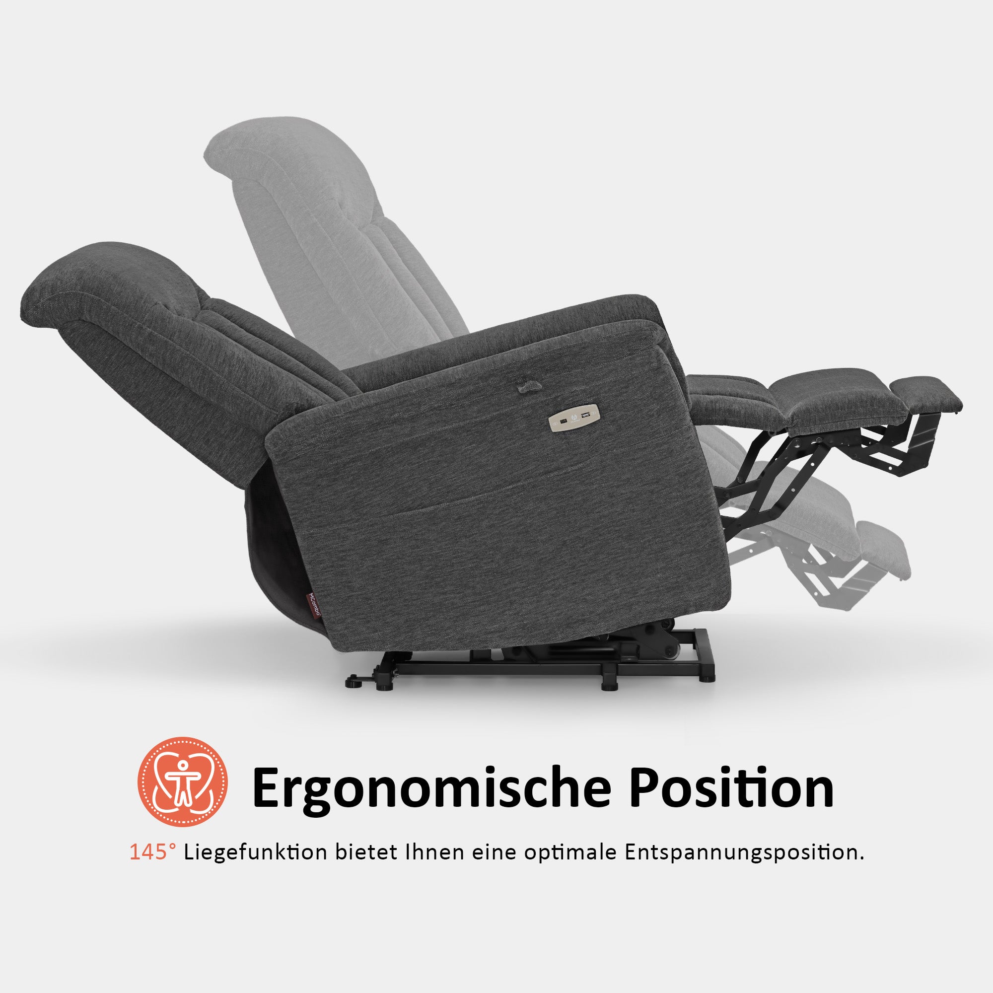 M MCombo TV chair with electric riser, armchair with riser, recliner chair with reclining function up to 145°, 35D full foam seat cushion 7117 (Chenille, Grey)