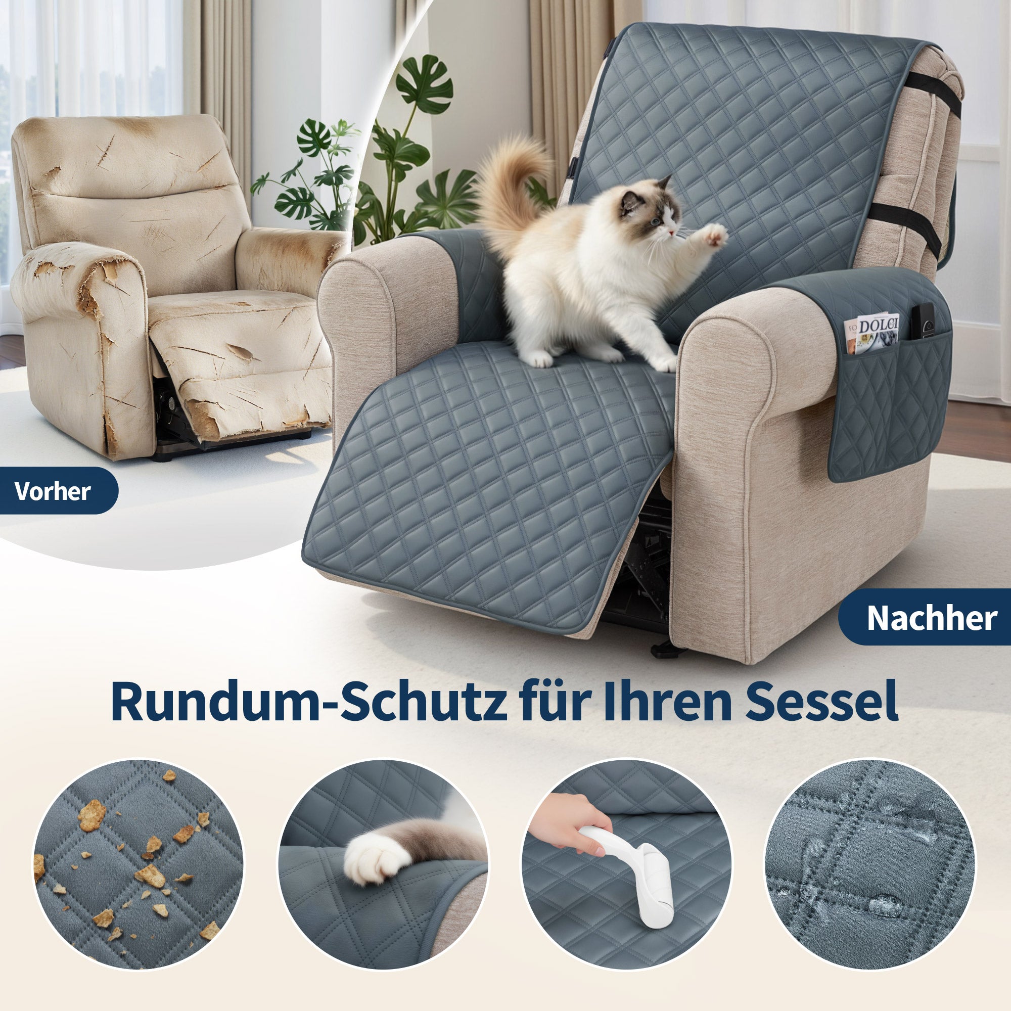 M MCombo Sesselschoner für Relaxsessel, Wasserdicht & Anti-Rutsch, Warmer und Weicher Sesselbezug mit Armlehne & Taschen, Kratzfester Sesselüberwurf Fernsehsessel C1815 (Grau/Samt)