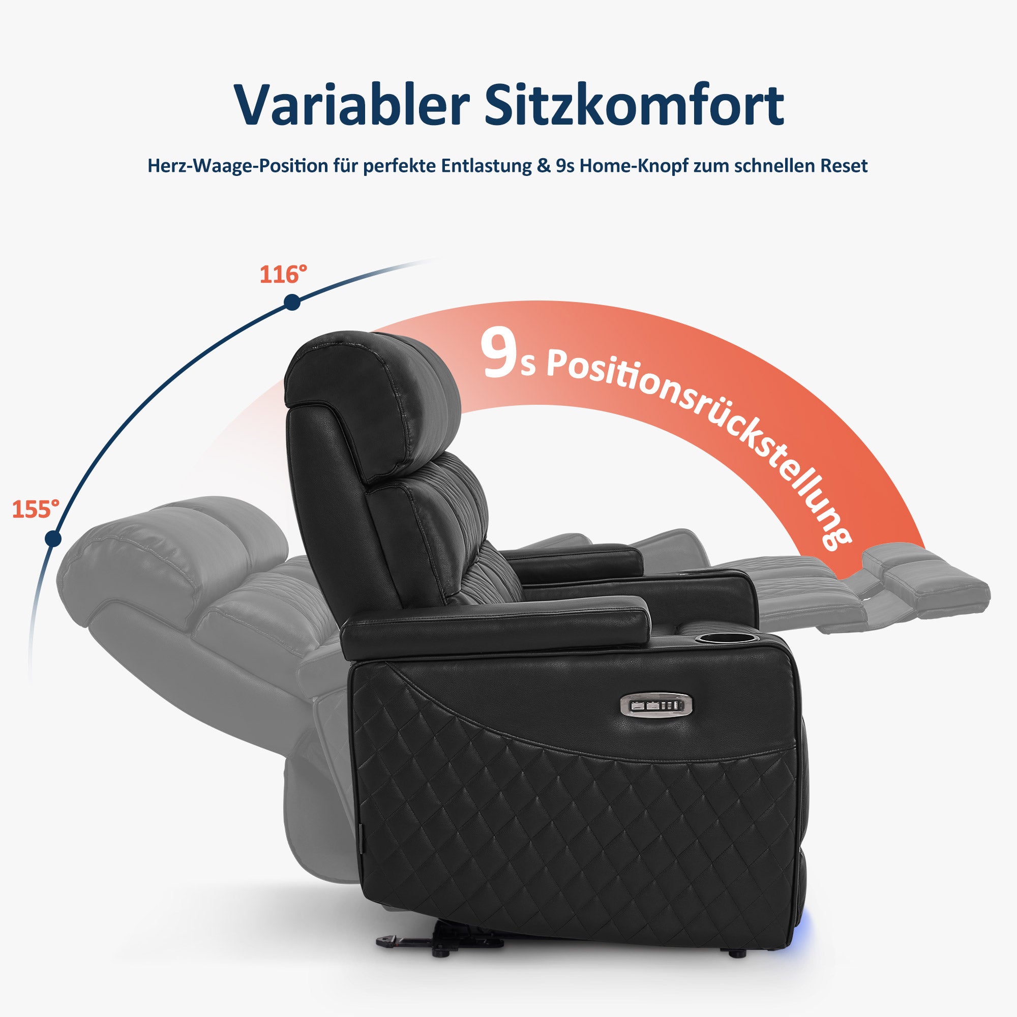 M MCombo  2 Sitzer Sofa mit Schlaffunktion, Relaxsofa 2 Sitzer mit verstellbare Kopfstütze, 2er Kinosessel mit USB & Type-C Anschlüsse, Armlehnen-Aufbewahrung & LED Beleuchtung, 7705 Schwarz