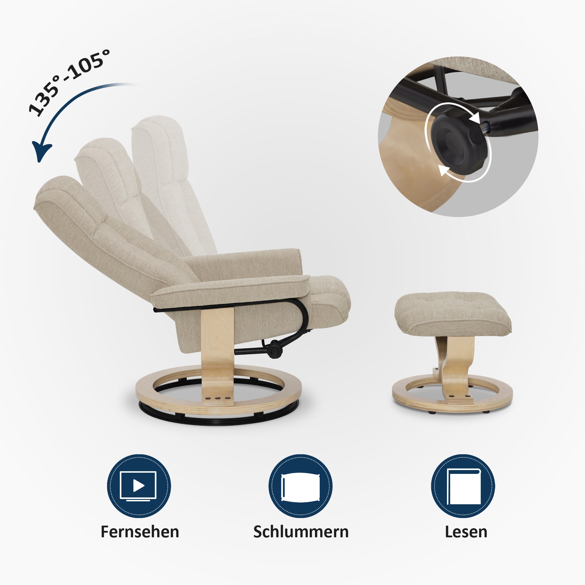 MCombo recliner chair with footstool, 360° swivel TV chair with reclining function, up to 120 kg load capacity, modern recliner chair for the living room, 9019 