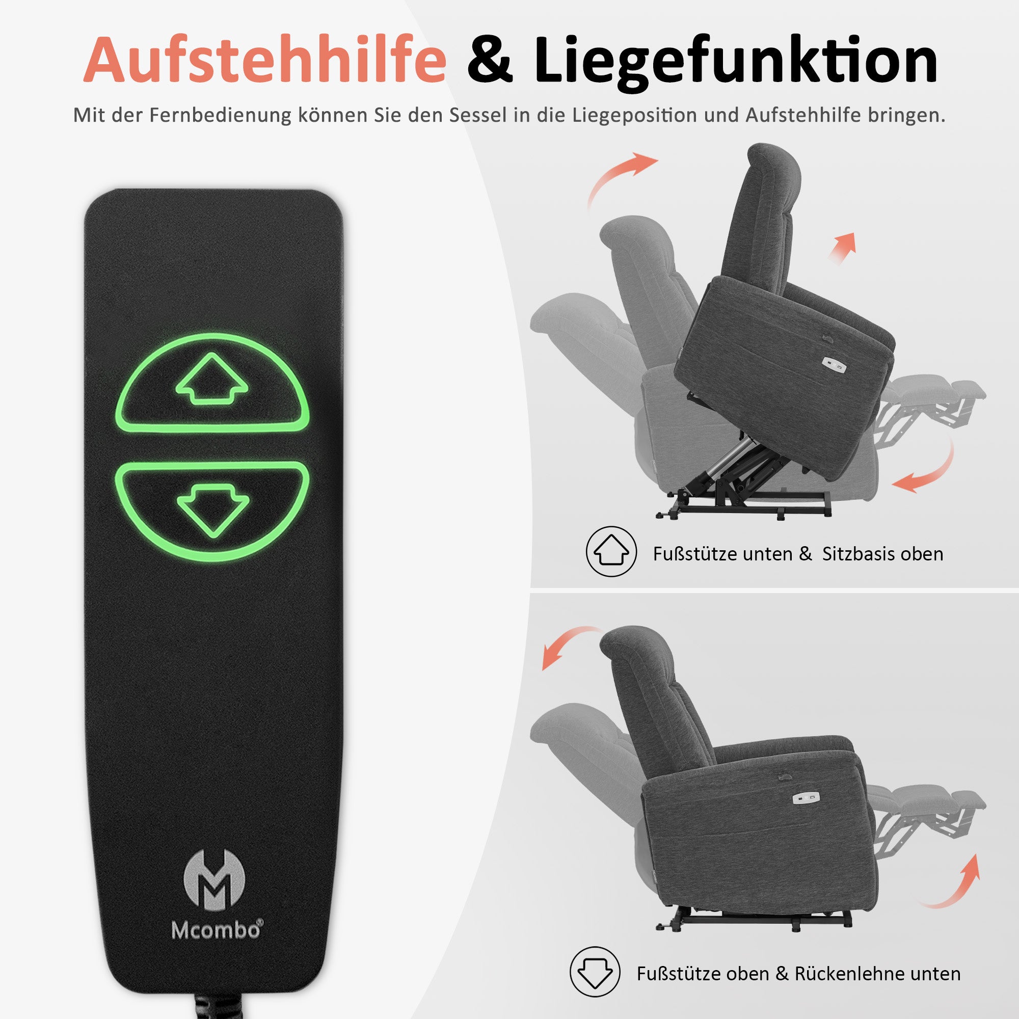 M MCombo TV chair with electric riser, armchair with riser, recliner chair with reclining function up to 145°, 35D full foam seat cushion 7117 (Chenille, Grey)